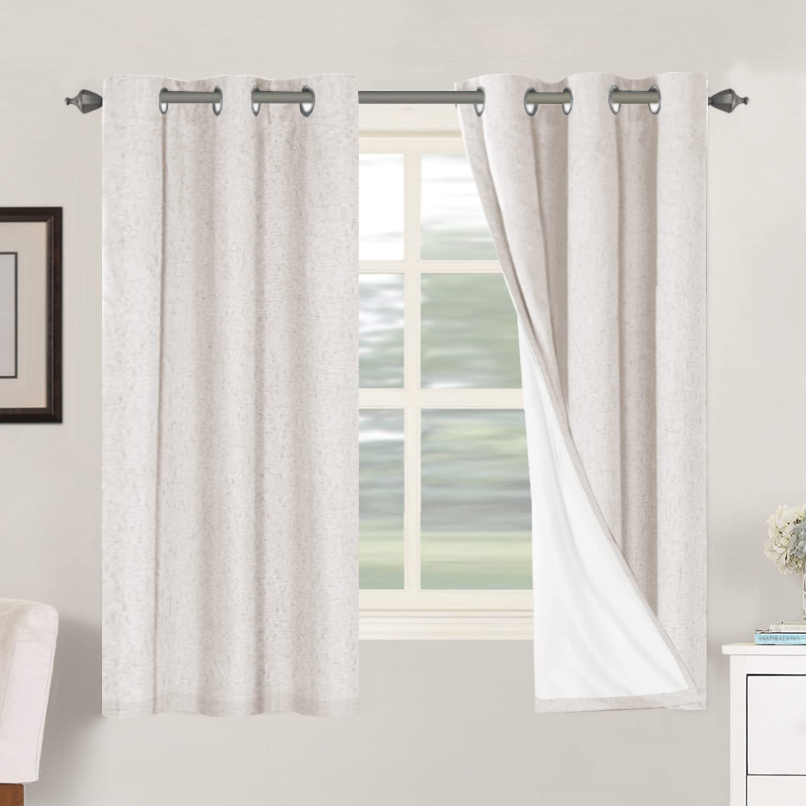 H.VERSAILTEX 100% Blackout Curtains Ivory, Linen Blackout Curtains 96 inch Curtains 2 Panel Set, Elegant Curtain for Bedroom Grommet Drapes for Living Room