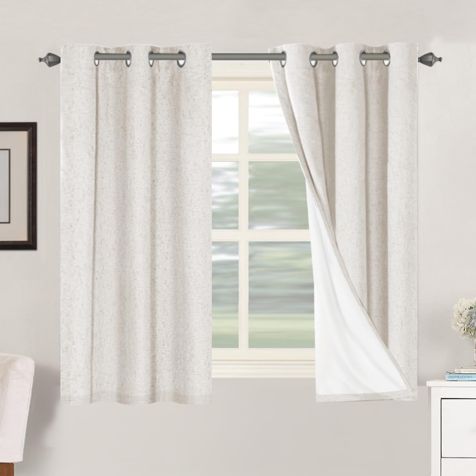 H.VERSAILTEX 100% Blackout Curtains Ivory, Linen Blackout Curtains 96 inch Curtains 2 Panel Set, Elegant Curtain for Bedroom Grommet Drapes for Living Room