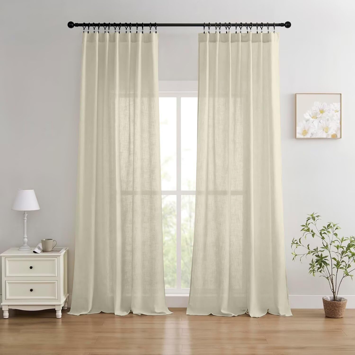 Joydeco Curtains, 108 Inches Long, 2 Panels Set, Farmhouse Drapes for Living Room, Semi-Blackout, Linen-Polyester, Ivory on Linen, Rod Pocket