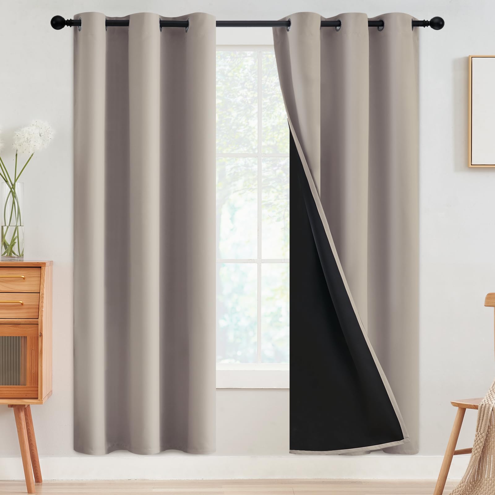 SimpleHome 100% Blackout Curtains for Bedroom,Thermal Insulated Grommet Window Drapes Room Darkening Cream Curtains for Living Room with Black Back,52 x 84 Inch,2 Panels