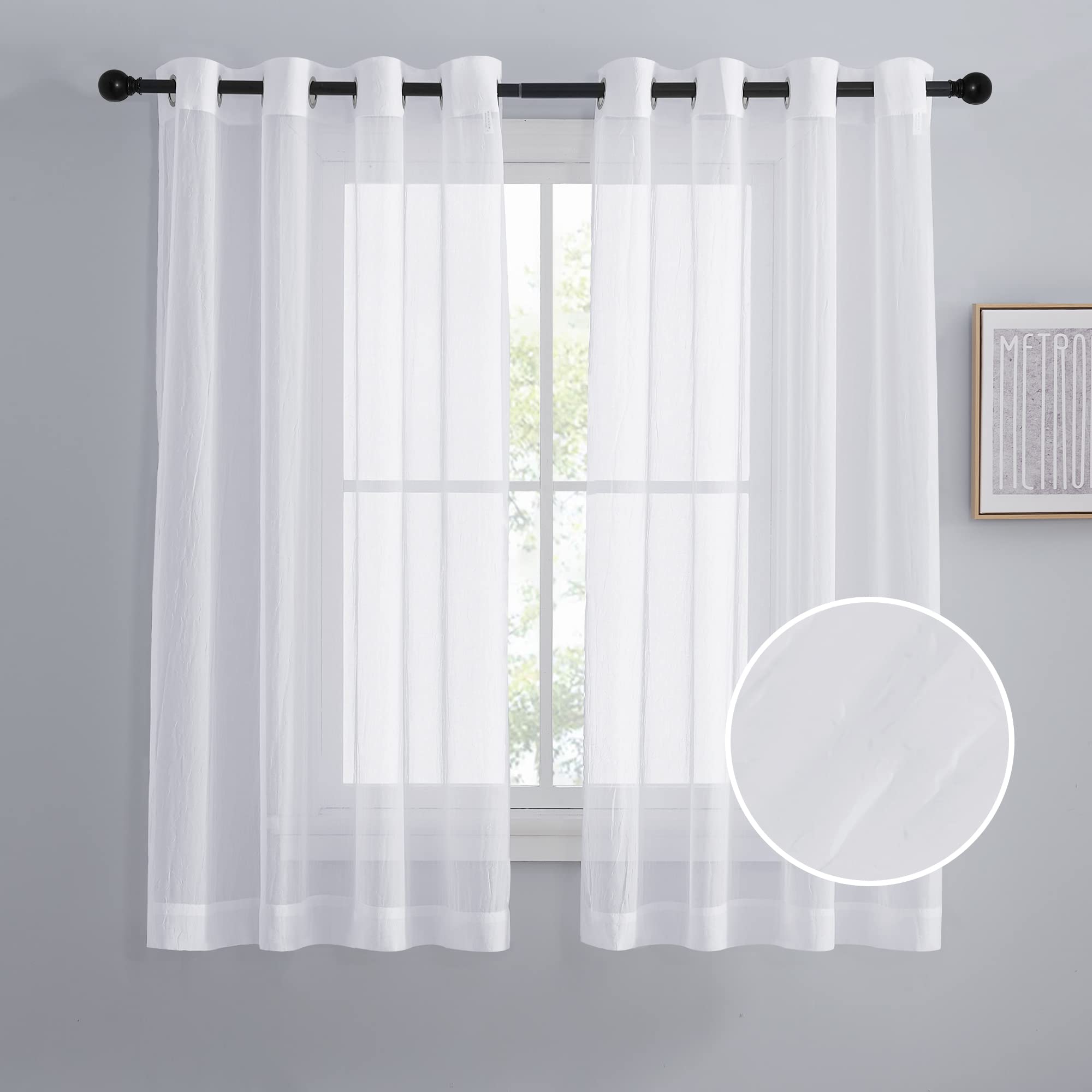 NICETOWN Crushed Voile Sheer Curtains for Big Windows, Grommet Top Crinkled Sheer Voile Window Treatment Light and Airy Drapes for Parlor/Porch (Set of 2, 52" Width x 95" Length, White)