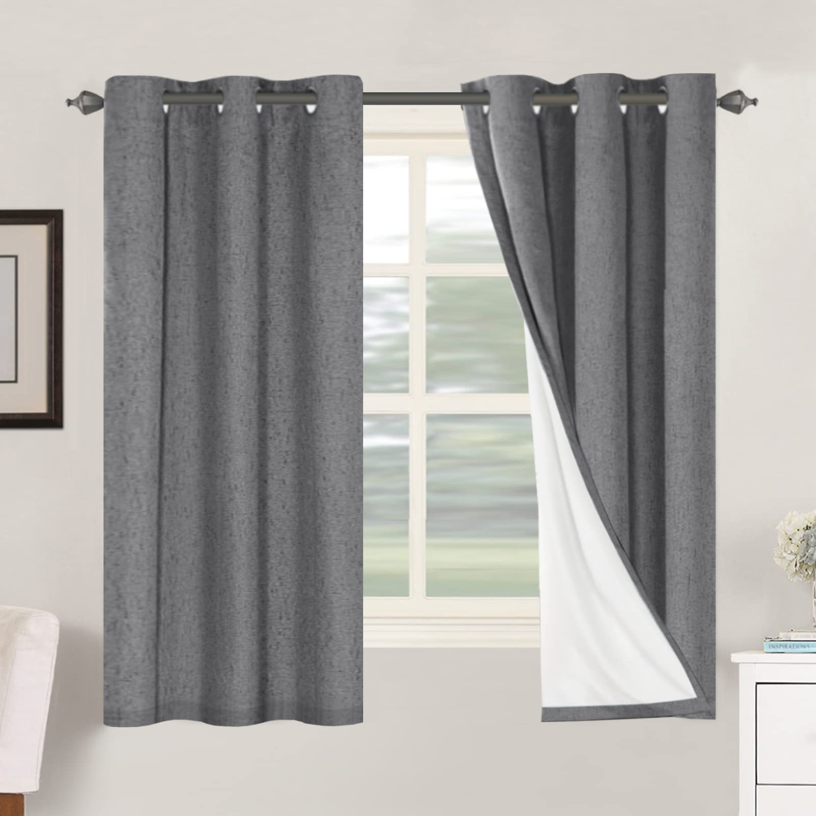 H.VERSAILTEX 100% Blackout Curtains Ivory, Linen Blackout Curtains 96 inch Curtains 2 Panel Set, Elegant Curtain for Bedroom Grommet Drapes for Living Room
