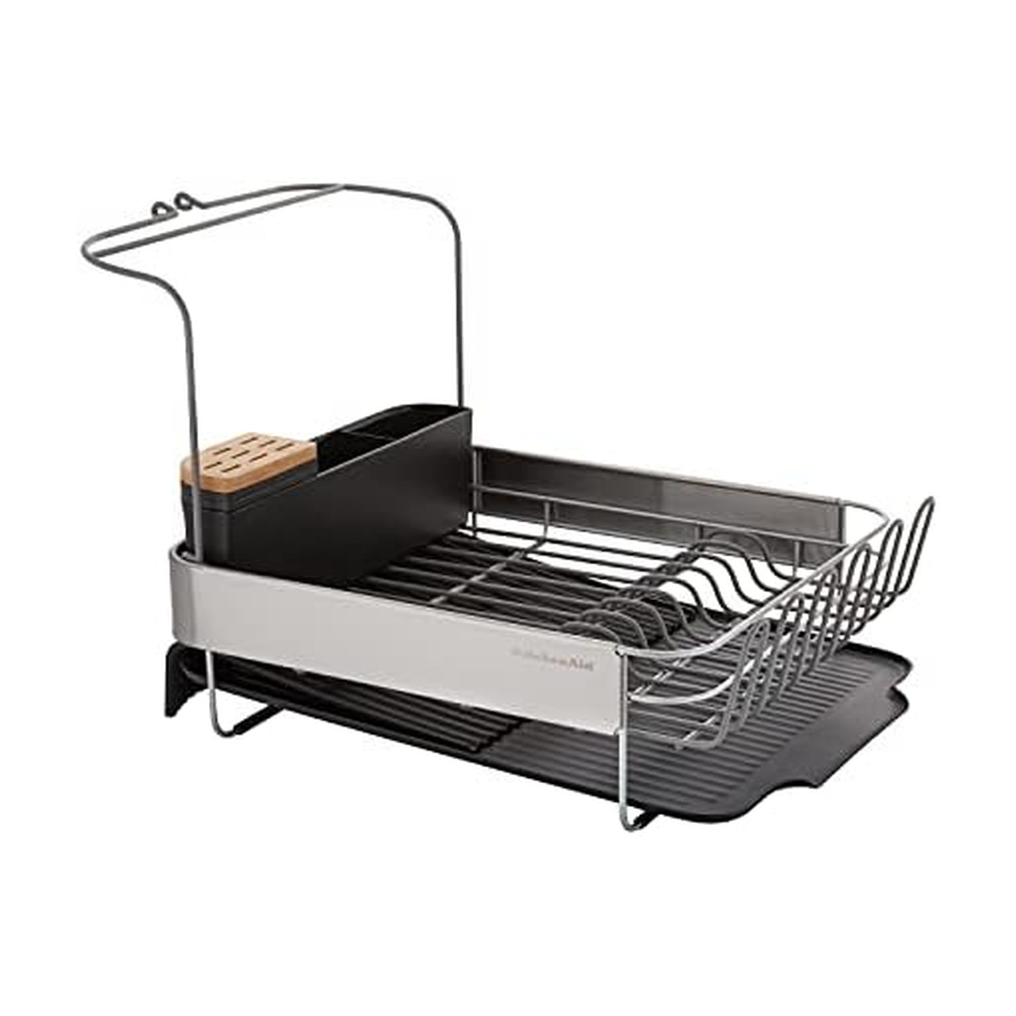 KitchenAid Large Capacity Full Size Rust Resistant Dish Rack with Angled Drain Board and Removable Flatware Caddy, Light Grey