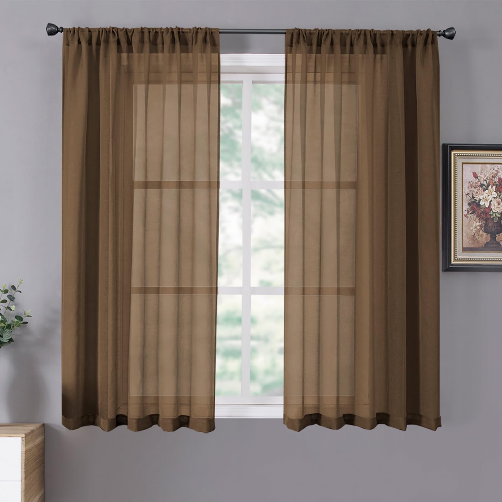 Tollpiz Short Sheer Curtains Linen Textured Bedroom Curtain Sheers Light Filtering Rod Pocket Voile Curtains for Living Room, 54 x 45 inches Long, White, Set of 2 Panels