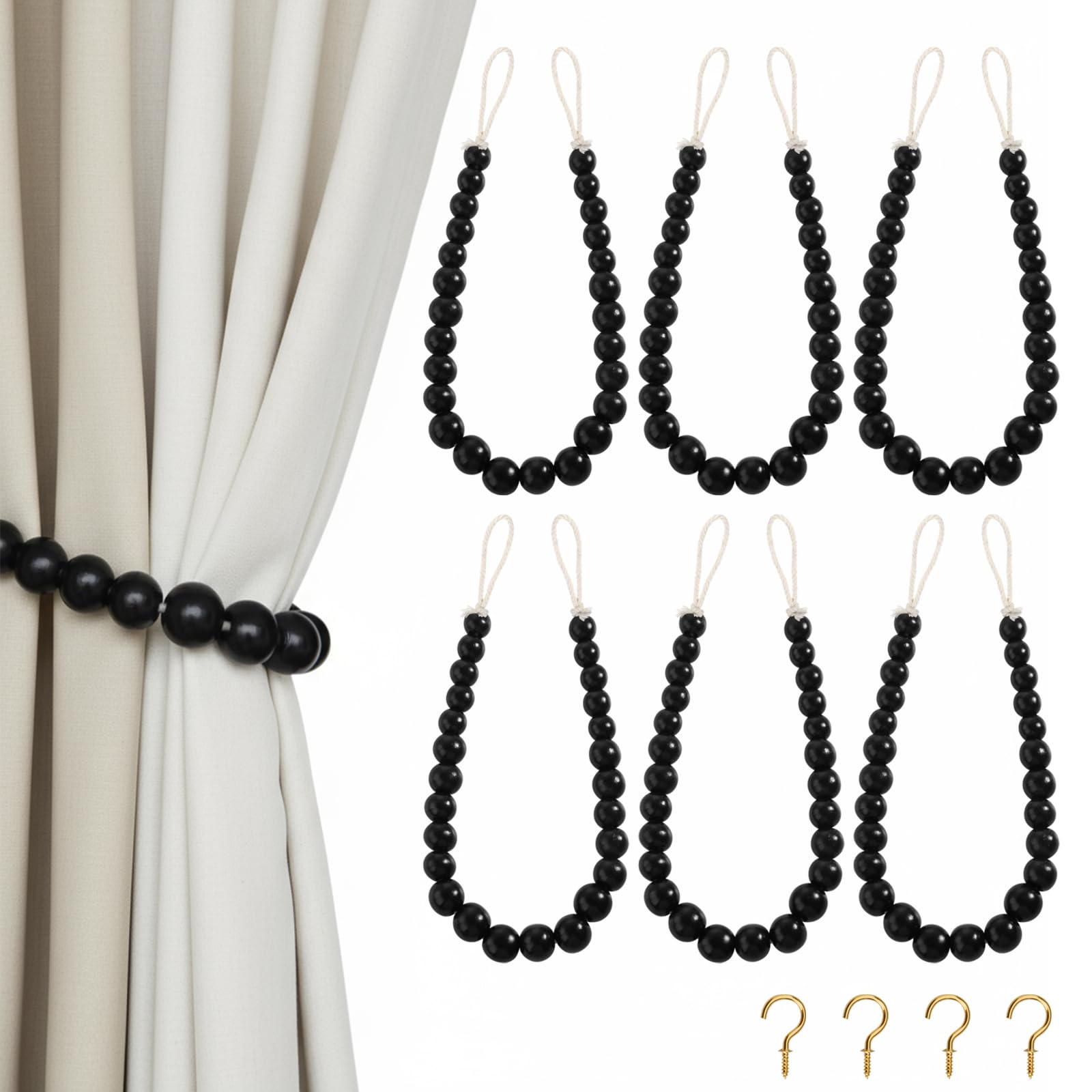 Hion 2 Pcs Boho Curtain Tiebacks,Wood Beads Curtain Holdbacks,Outdoor Farmhouse Tie Backs for Curtains,Curtain Holders for Drapes Home Office Decor with Hooks(Wood Color)