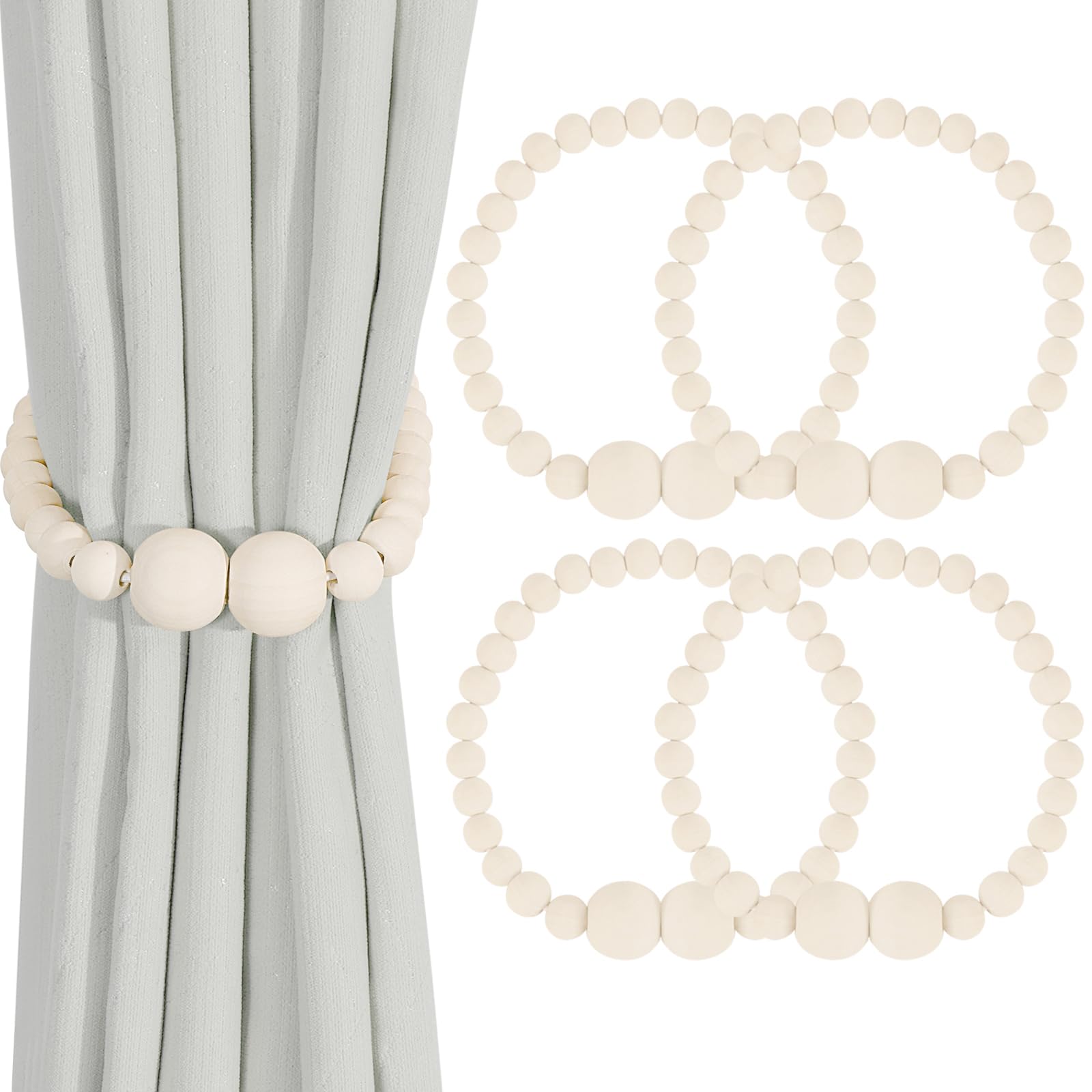 Magnetic Curtain Tiebacks, 2 Pack Curtain Holdbacks for Draperies, Wood Bead Curtain Tiebacks, Elegant Curtain Tie Backs for Bedroom Decor, Boho Room Decor, Nursery Decor, Farmhouse Decor