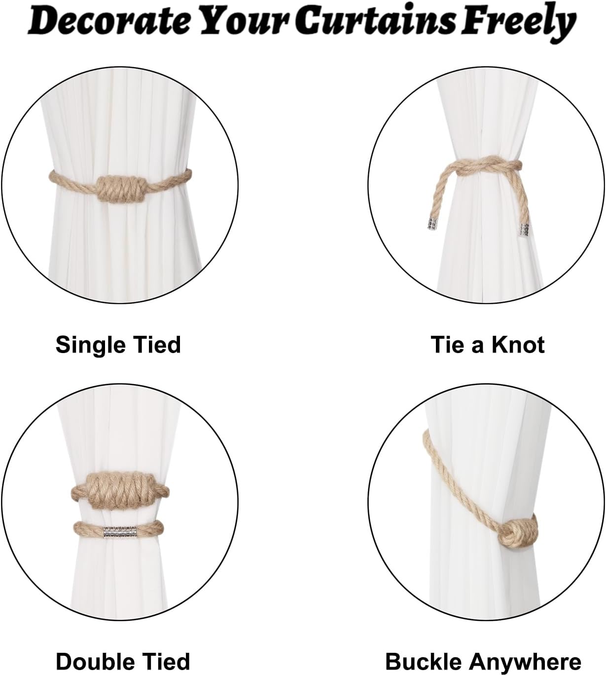 BEL AVENIR Magnetic Jute Curtain Tiebacks, Decorative Drapery Holdbacks Bohemian Style Woven Tie-Backs with Exquisite Knot (Jute, 2 Pack)