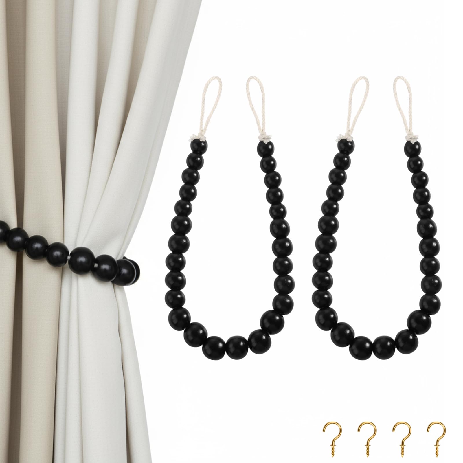 Hion 2 Pcs Boho Curtain Tiebacks,Wood Beads Curtain Holdbacks,Outdoor Farmhouse Tie Backs for Curtains,Curtain Holders for Drapes Home Office Decor with Hooks(Wood Color)