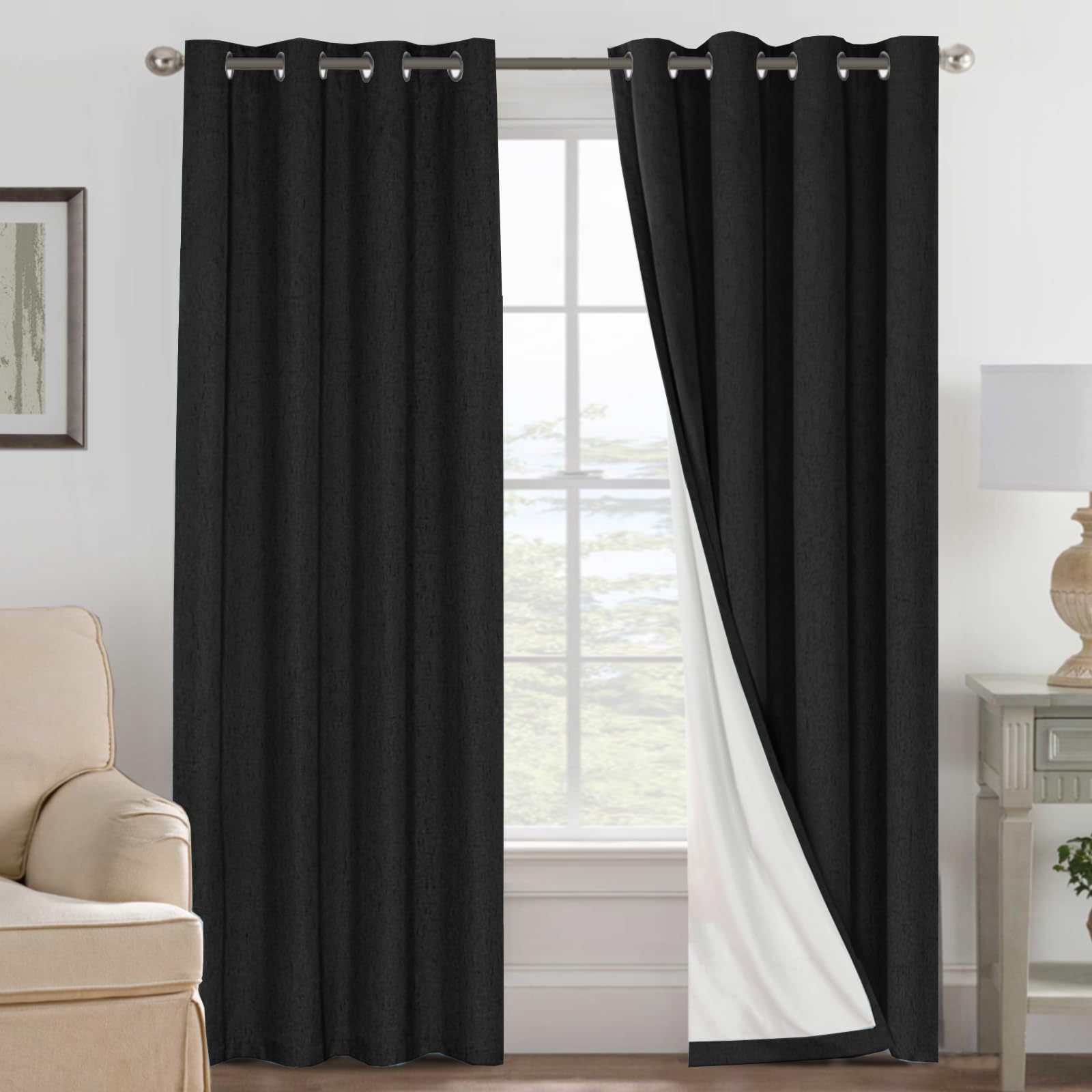 H.VERSAILTEX 100% Blackout Curtains Ivory, Linen Blackout Curtains 96 inch Curtains 2 Panel Set, Elegant Curtain for Bedroom Grommet Drapes for Living Room