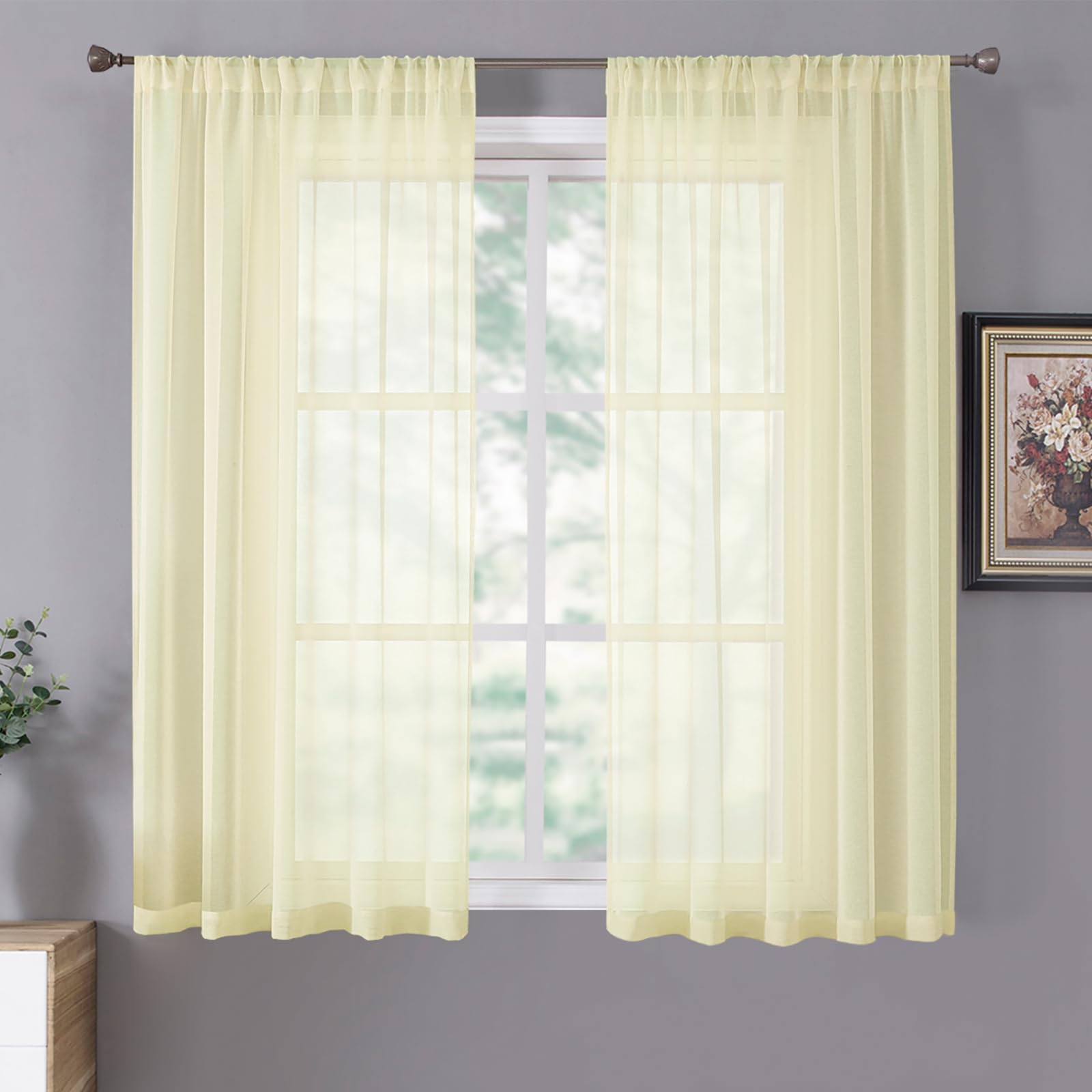 Tollpiz Short Sheer Curtains Linen Textured Bedroom Curtain Sheers Light Filtering Rod Pocket Voile Curtains for Living Room, 54 x 45 inches Long, White, Set of 2 Panels