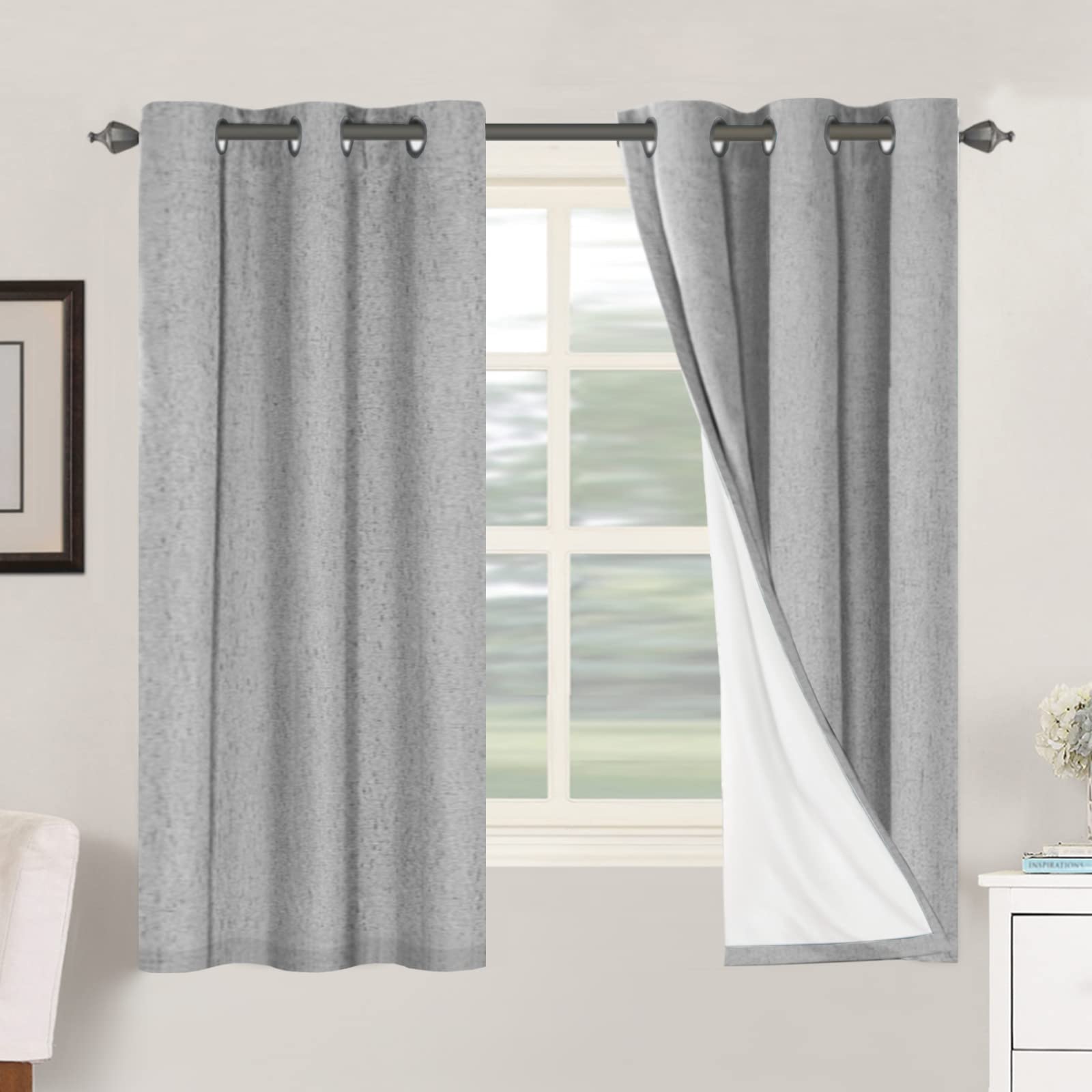 H.VERSAILTEX 100% Blackout Curtains Ivory, Linen Blackout Curtains 96 inch Curtains 2 Panel Set, Elegant Curtain for Bedroom Grommet Drapes for Living Room