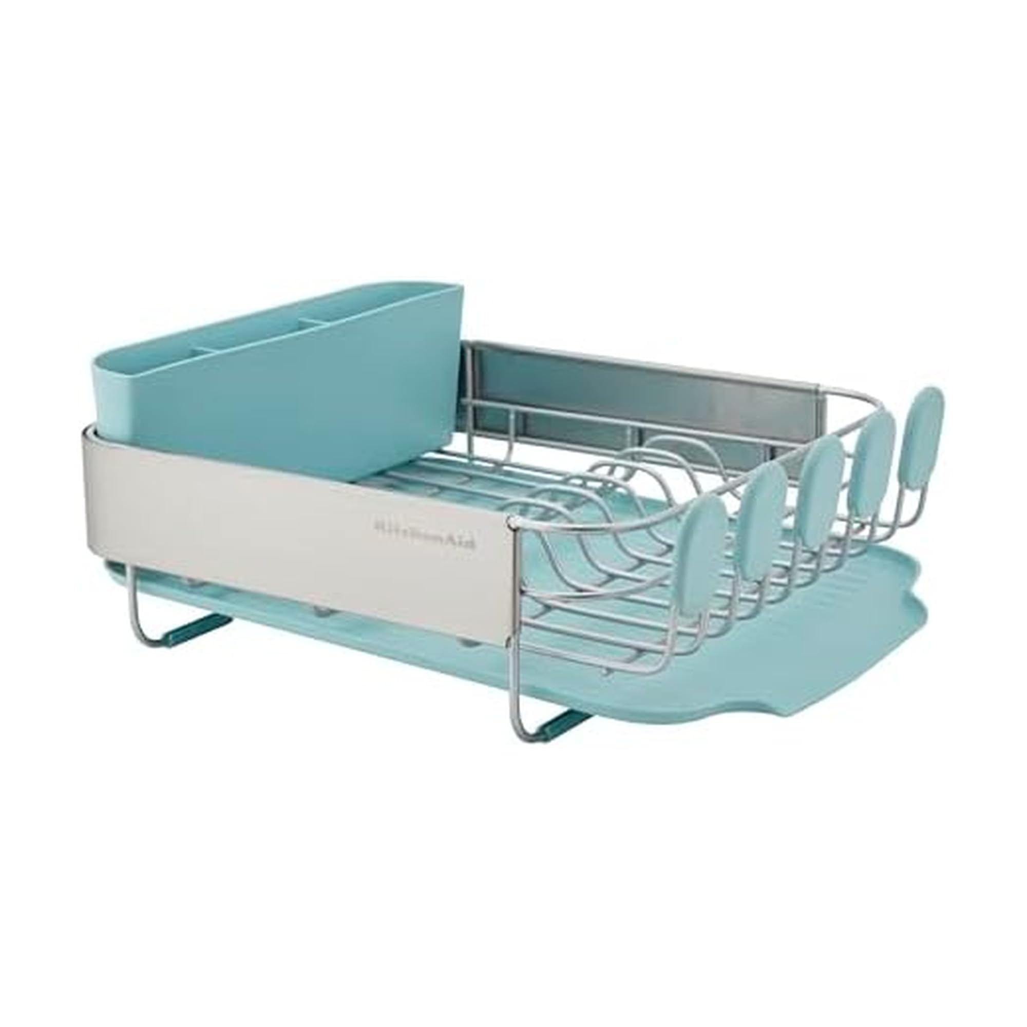 KitchenAid Large Capacity Full Size Rust Resistant Dish Rack with Angled Drain Board and Removable Flatware Caddy, Light Grey