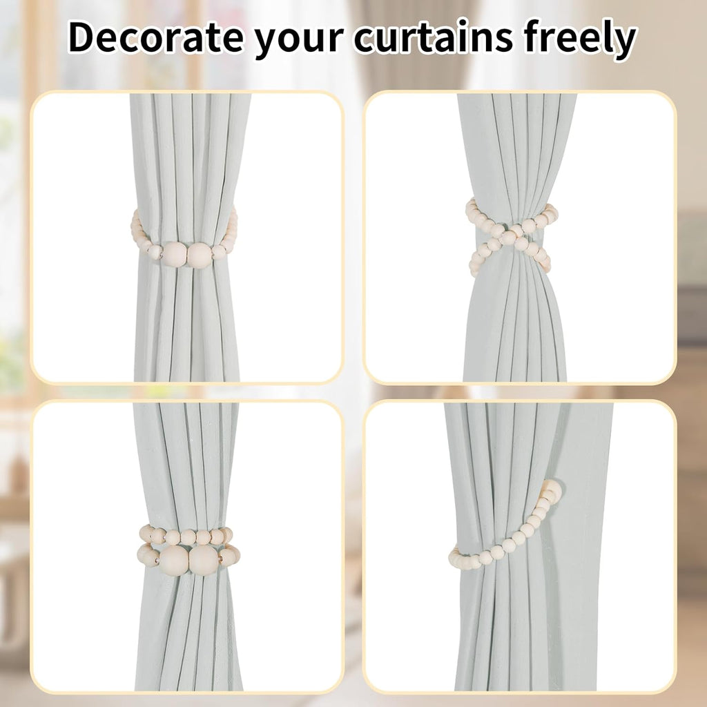 Magnetic Curtain Tiebacks, 2 Pack Curtain Holdbacks for Draperies, Wood Bead Curtain Tiebacks, Elegant Curtain Tie Backs for Bedroom Decor, Boho Room Decor, Nursery Decor, Farmhouse Decor