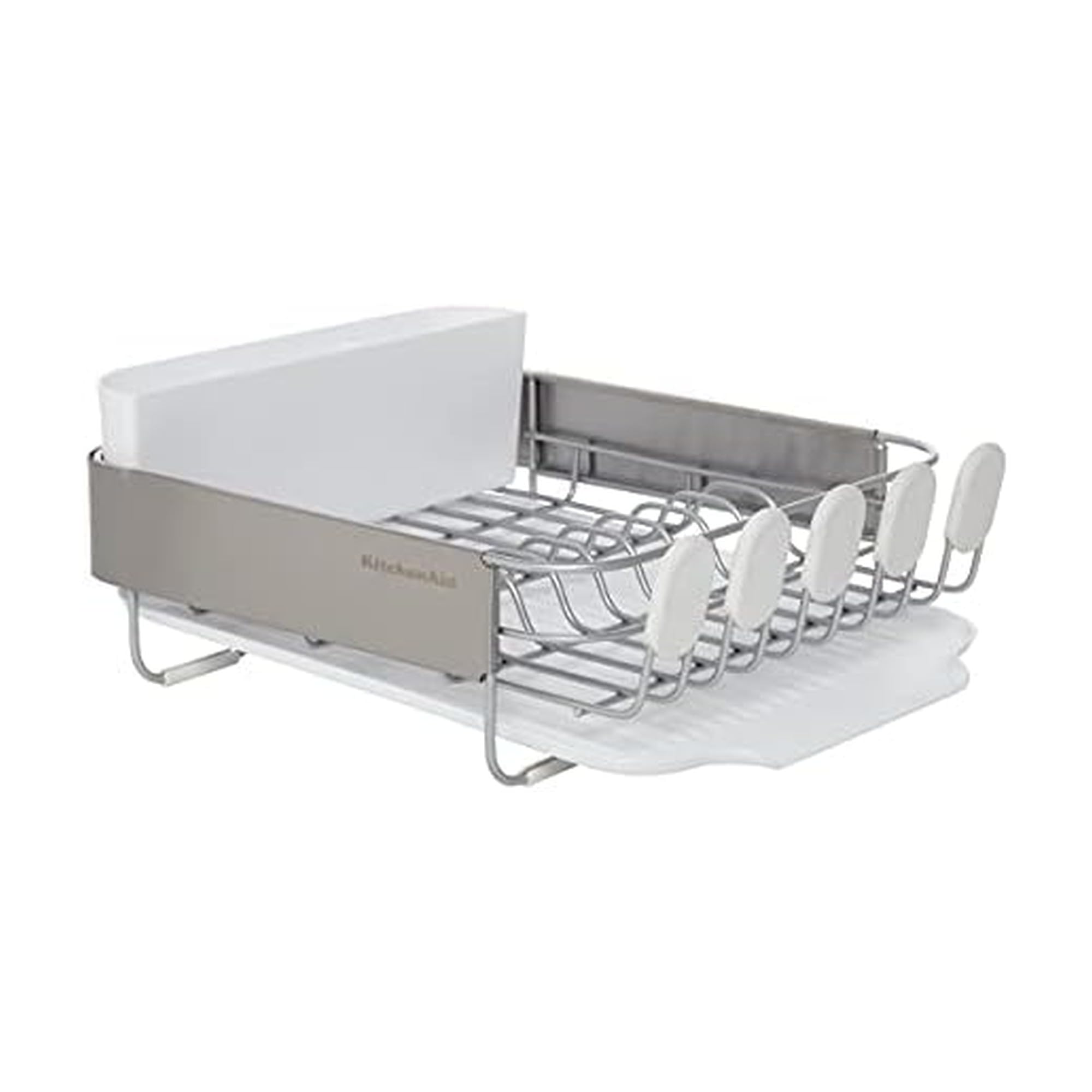 KitchenAid Large Capacity Full Size Rust Resistant Dish Rack with Angled Drain Board and Removable Flatware Caddy, Light Grey