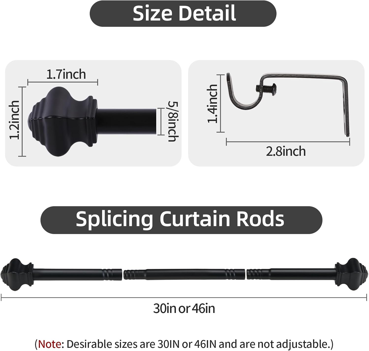 Thestoa Splicing Curtain Rods for Windows 30-46 Inch, 5/8" Diameter Black Curtain Rods 2 pack for Bedroom, Living Room, Outdoor
