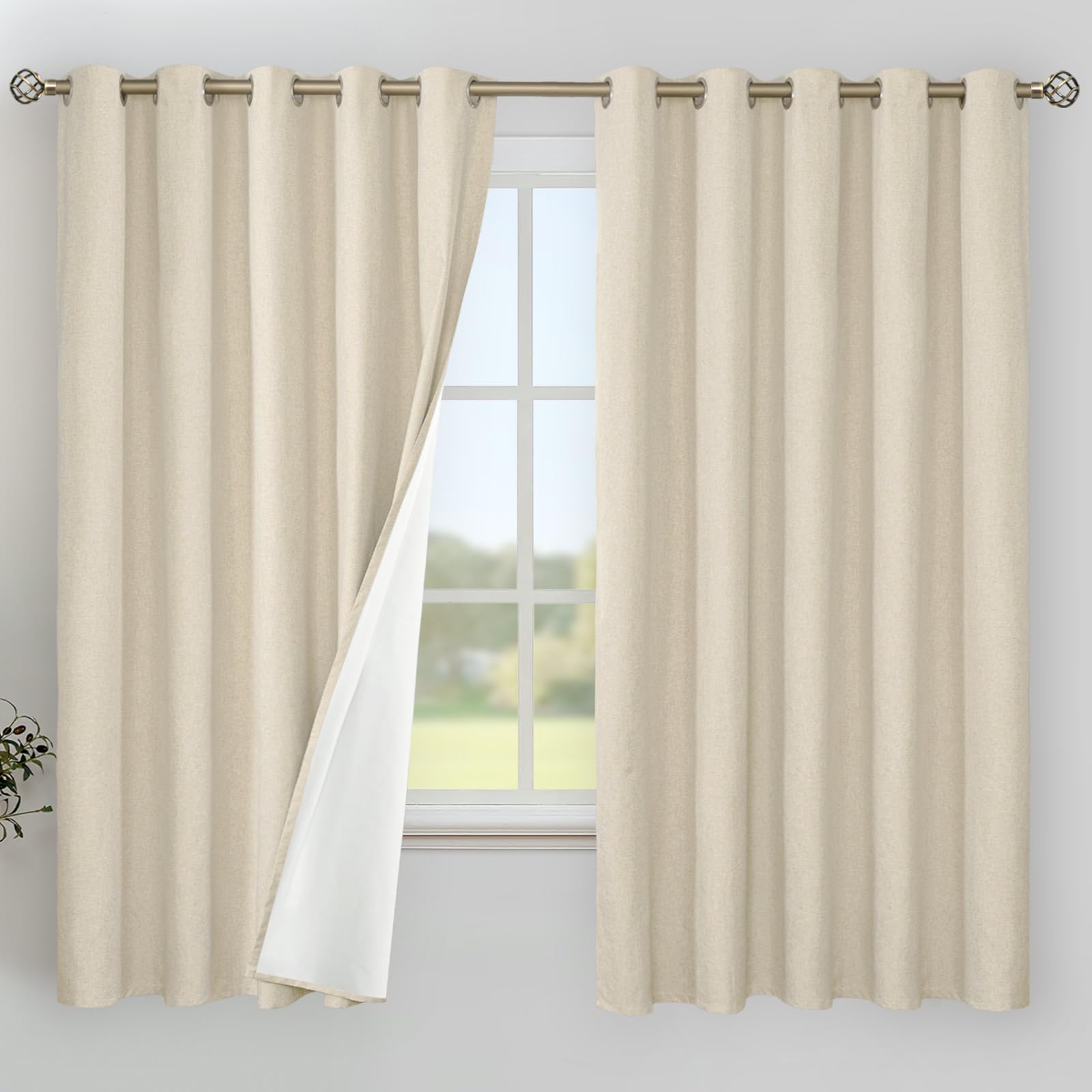 YoungsTex Linen Blackout Curtains 63 Inches Long for Bedroom, Room Darkening Window Drapes with Grommet Thermal Insulated Black Out for Living Room, 2 Panels, 52 X 63 Inch