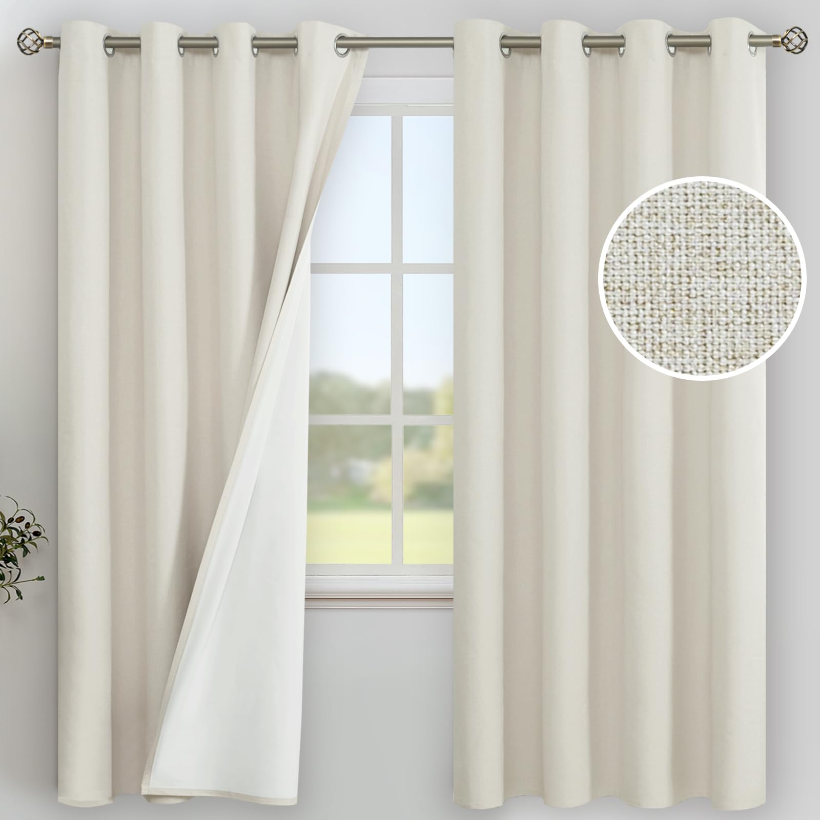 YoungsTex Linen Blackout Curtains 63 Inches Long for Bedroom, Room Darkening Window Drapes with Grommet Thermal Insulated Black Out for Living Room, 2 Panels, 52 X 63 Inch