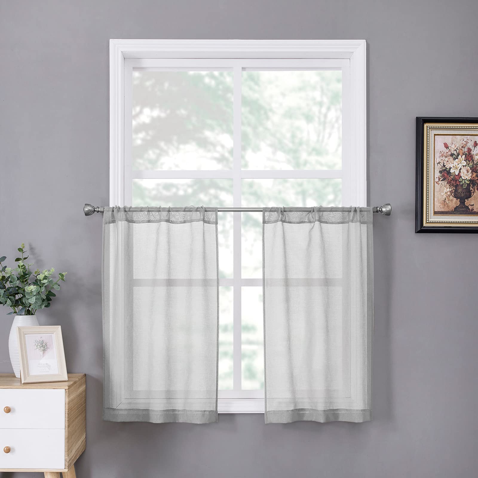 Tollpiz Short Sheer Curtains Linen Textured Bedroom Curtain Sheers Light Filtering Rod Pocket Voile Curtains for Living Room, 54 x 45 inches Long, White, Set of 2 Panels