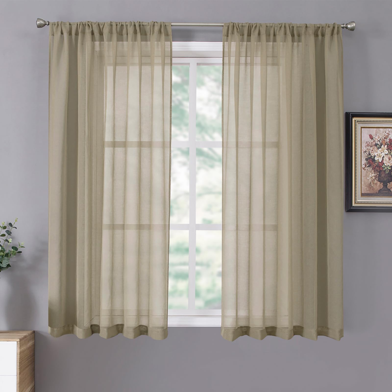 Tollpiz Short Sheer Curtains Linen Textured Bedroom Curtain Sheers Light Filtering Rod Pocket Voile Curtains for Living Room, 54 x 45 inches Long, White, Set of 2 Panels