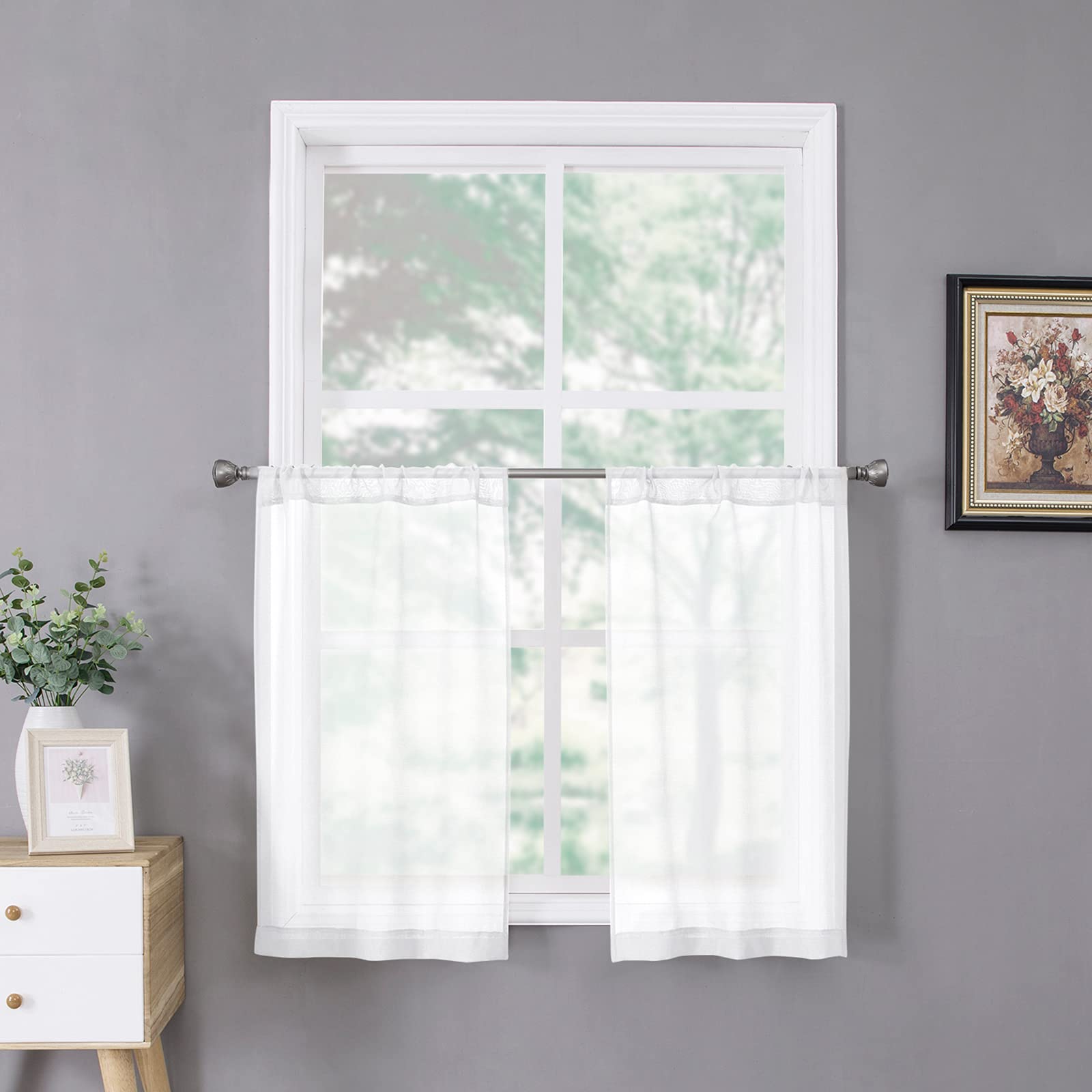 Tollpiz Short Sheer Curtains Linen Textured Bedroom Curtain Sheers Light Filtering Rod Pocket Voile Curtains for Living Room, 54 x 45 inches Long, White, Set of 2 Panels