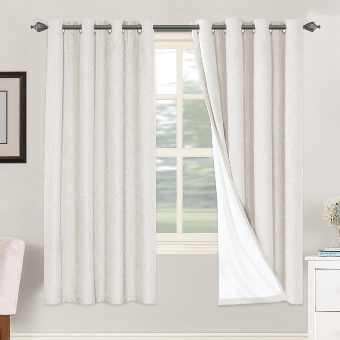 H.VERSAILTEX 100% Blackout Curtains Ivory, Linen Blackout Curtains 96 inch Curtains 2 Panel Set, Elegant Curtain for Bedroom Grommet Drapes for Living Room