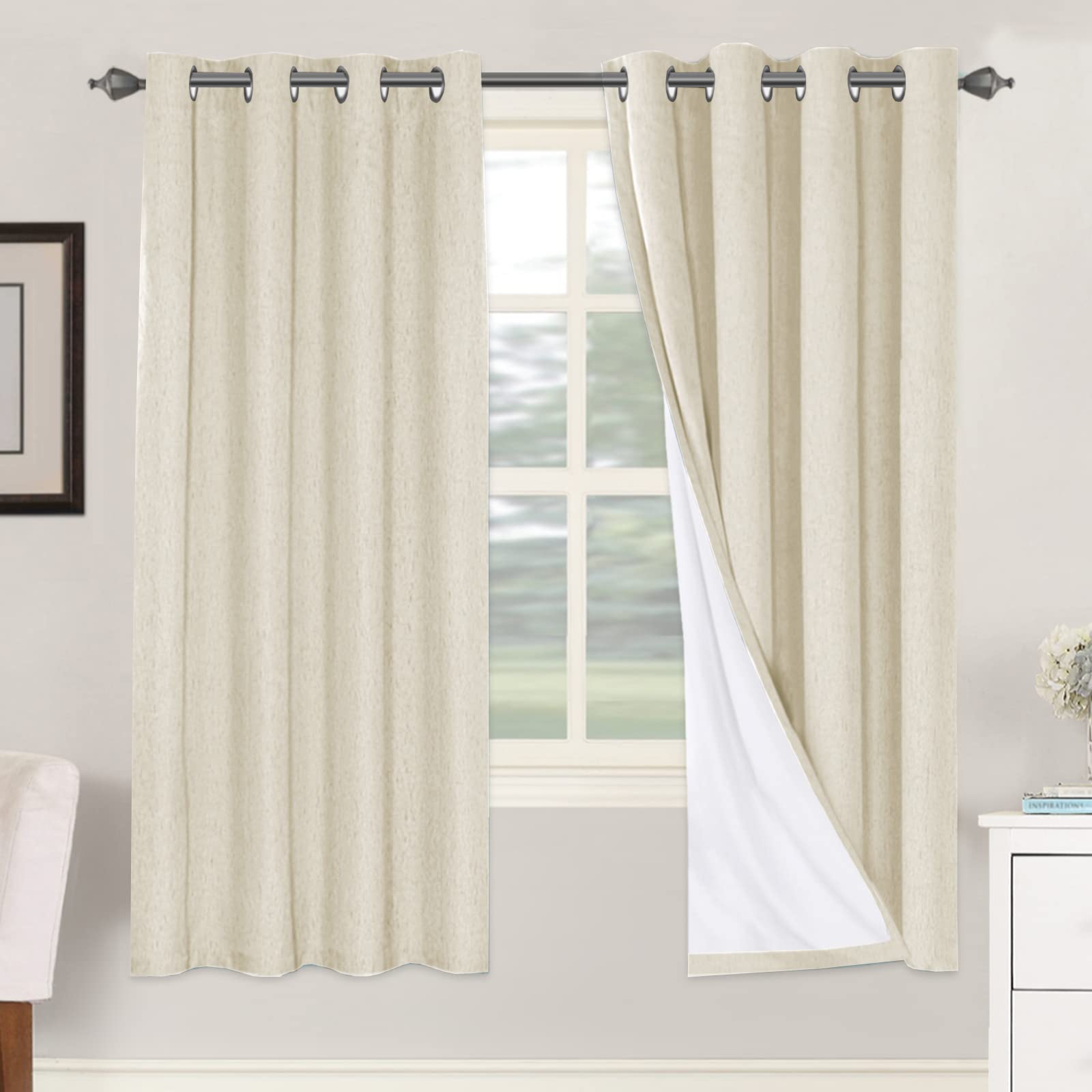 H.VERSAILTEX 100% Blackout Curtains Ivory, Linen Blackout Curtains 96 inch Curtains 2 Panel Set, Elegant Curtain for Bedroom Grommet Drapes for Living Room