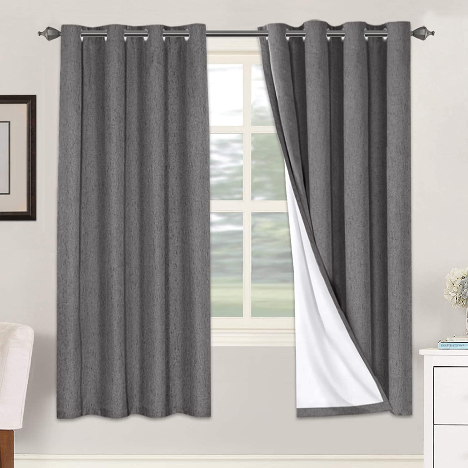 H.VERSAILTEX 100% Blackout Curtains Ivory, Linen Blackout Curtains 96 inch Curtains 2 Panel Set, Elegant Curtain for Bedroom Grommet Drapes for Living Room