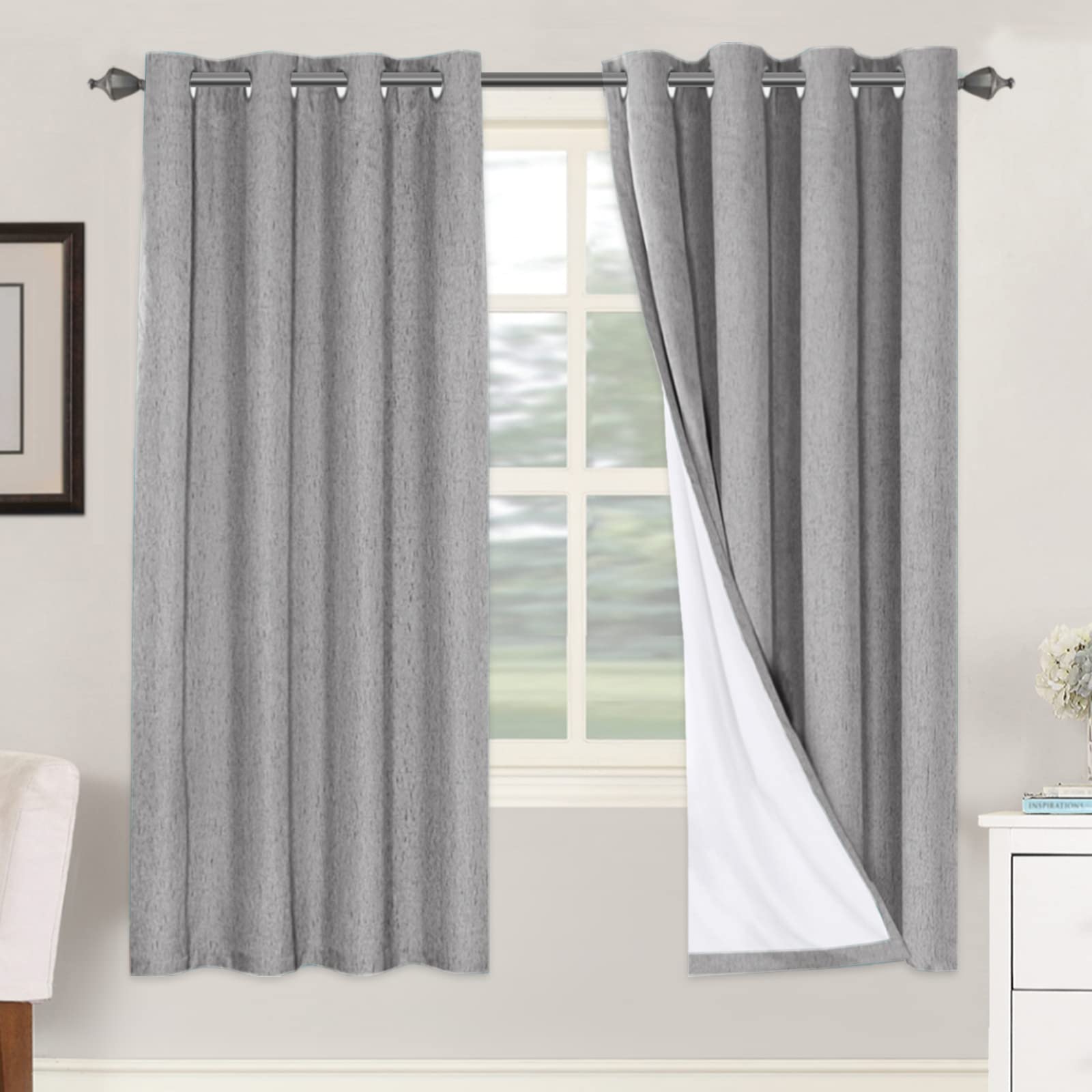 H.VERSAILTEX 100% Blackout Curtains Ivory, Linen Blackout Curtains 96 inch Curtains 2 Panel Set, Elegant Curtain for Bedroom Grommet Drapes for Living Room