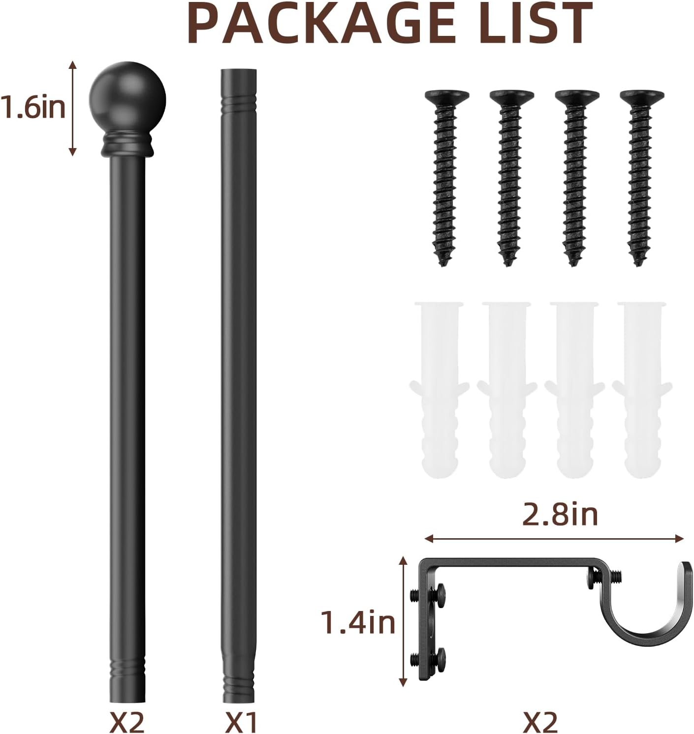 SMODBRODRE Black Curtain Rods for Window 28 to 48, 5/8 inch Small Decorative Curtain Rod Set with Brackets