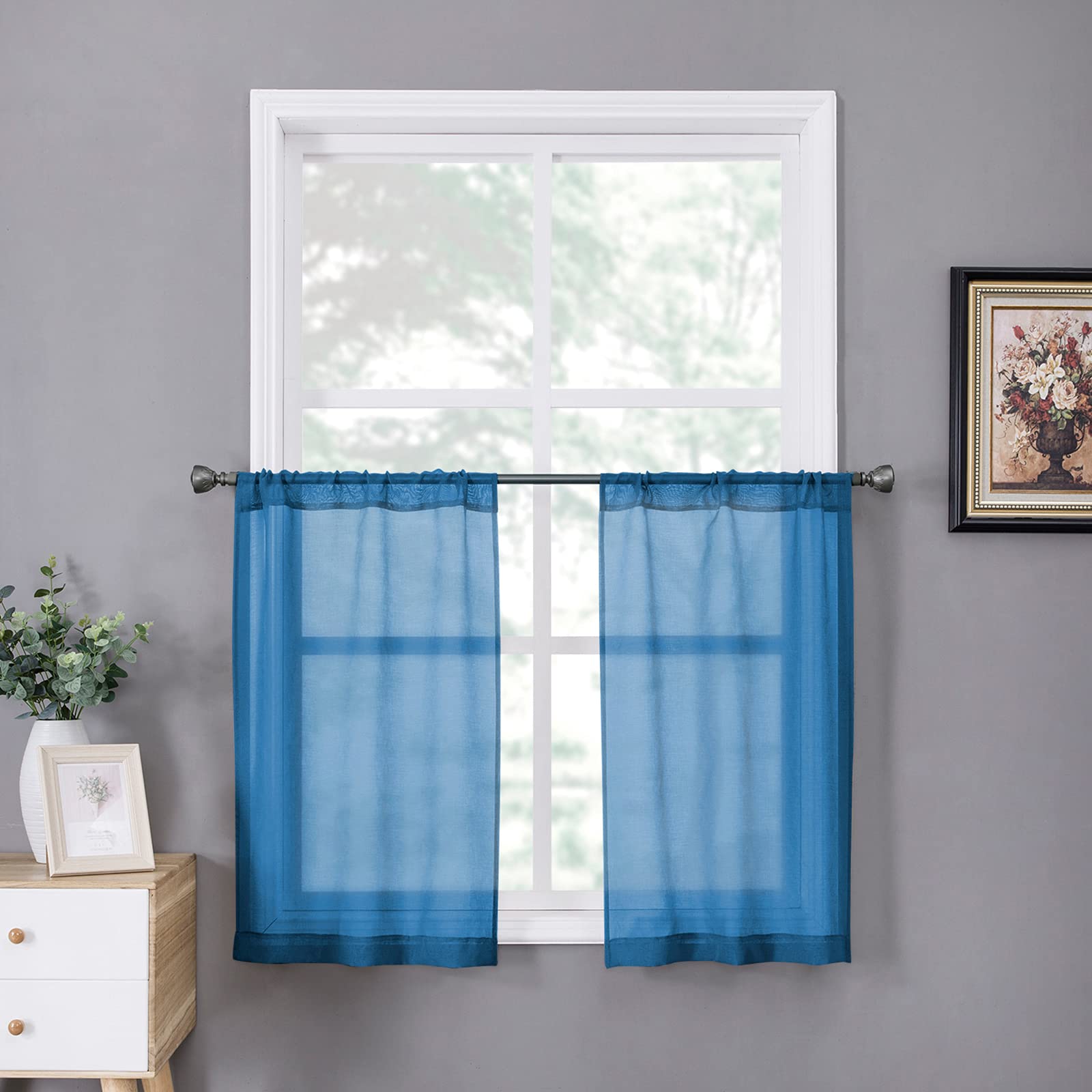 Tollpiz Short Sheer Curtains Linen Textured Bedroom Curtain Sheers Light Filtering Rod Pocket Voile Curtains for Living Room, 54 x 45 inches Long, White, Set of 2 Panels