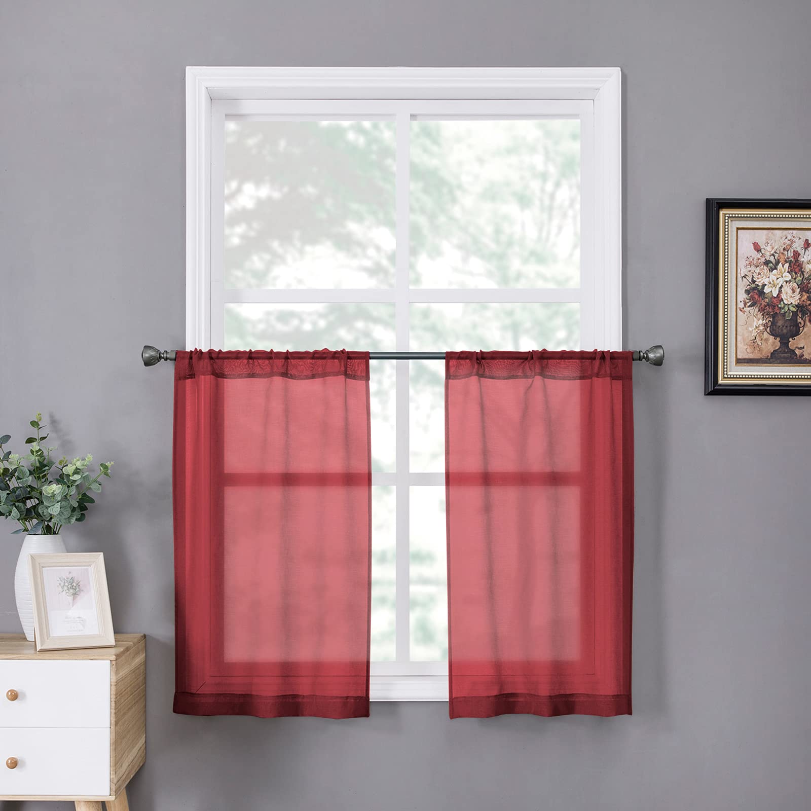Tollpiz Short Sheer Curtains Linen Textured Bedroom Curtain Sheers Light Filtering Rod Pocket Voile Curtains for Living Room, 54 x 45 inches Long, White, Set of 2 Panels