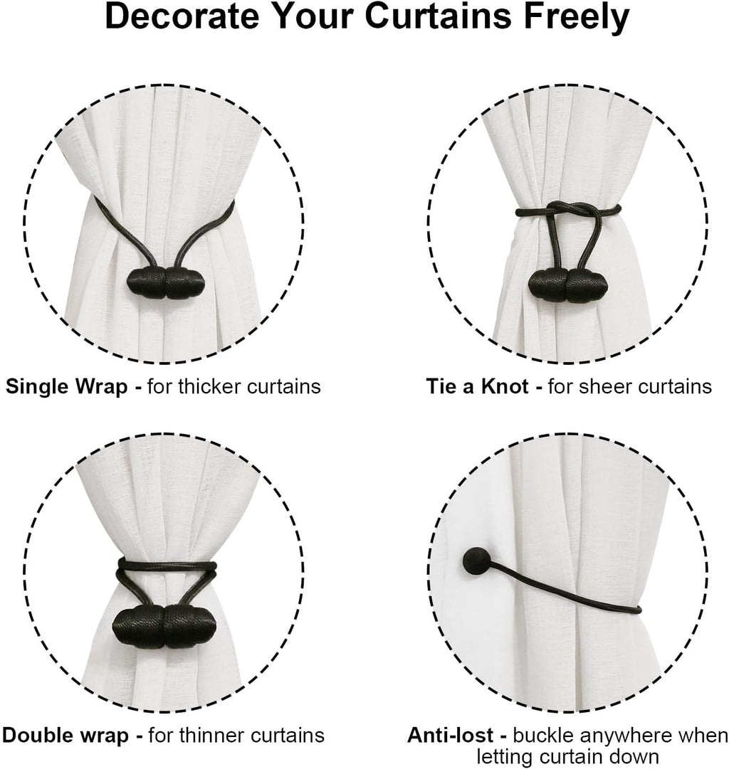 Tifanso Black Magnetic Curtain Tiebacks - 4pcs Decorative Curtain Tie Backs, No Drill Closure Drapery Tiebacks Holdbacks, Boho Drapes Straps Ropes for Bedroom, Bathroom, Farmhouse Decor