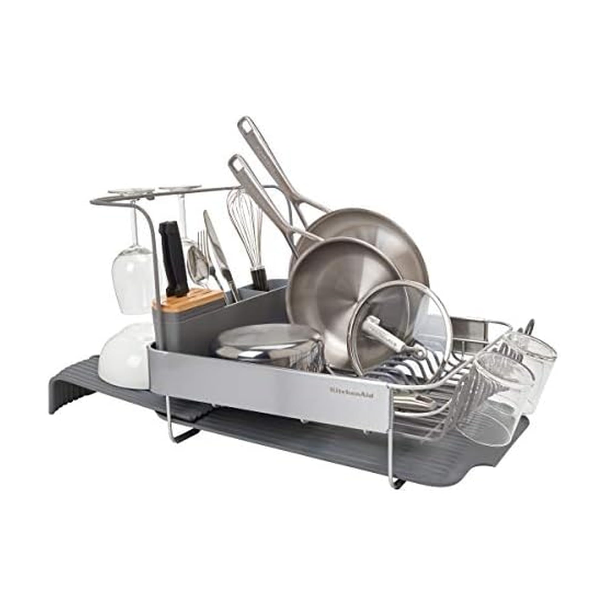 KitchenAid Large Capacity Full Size Rust Resistant Dish Rack with Angled Drain Board and Removable Flatware Caddy, Light Grey