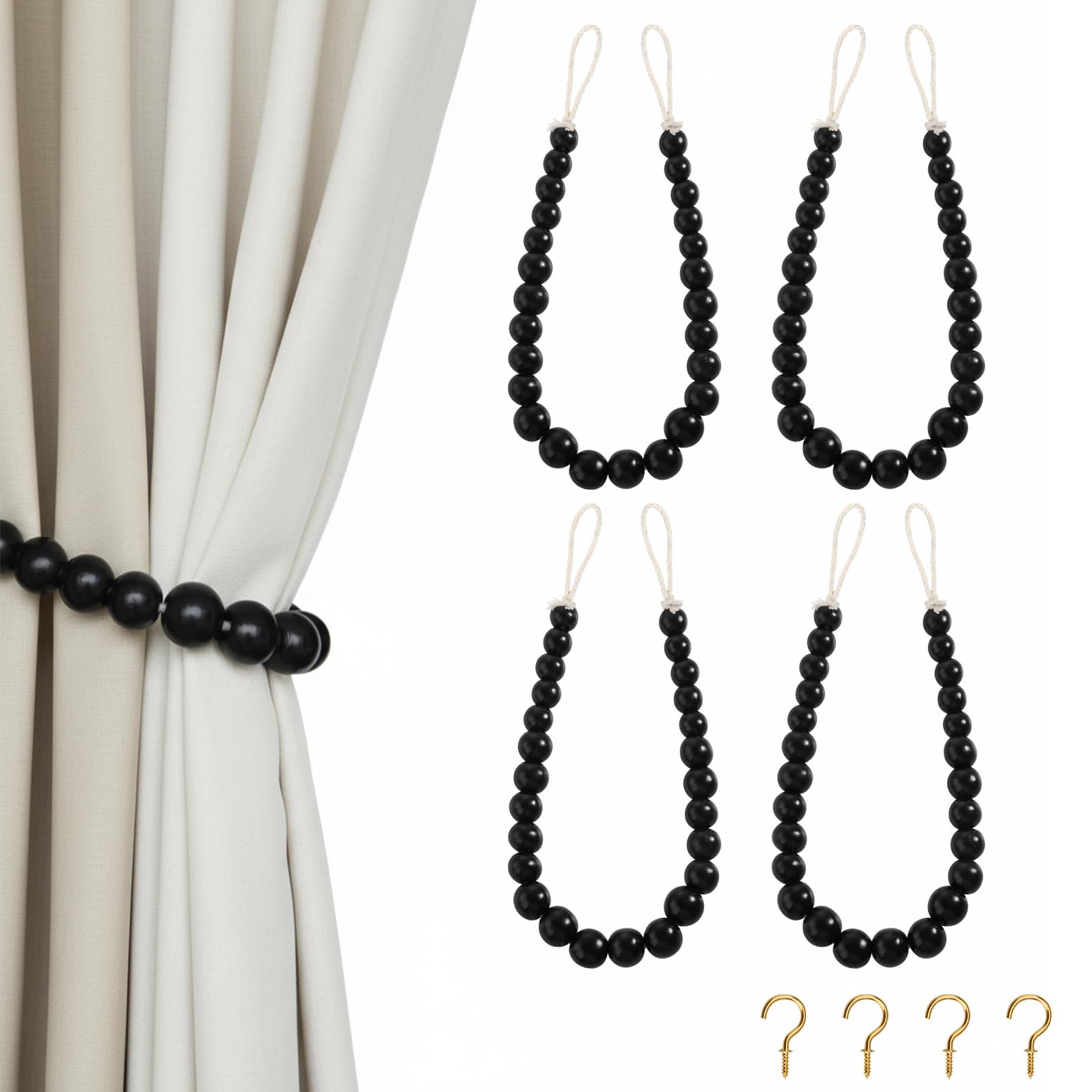 Hion 2 Pcs Boho Curtain Tiebacks,Wood Beads Curtain Holdbacks,Outdoor Farmhouse Tie Backs for Curtains,Curtain Holders for Drapes Home Office Decor with Hooks(Wood Color)