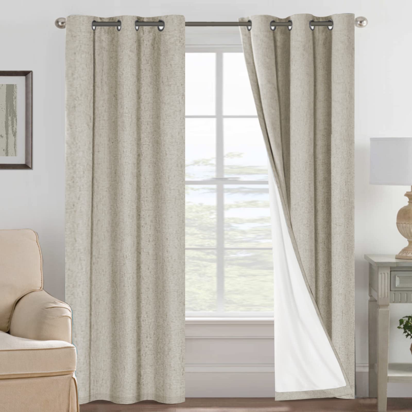 H.VERSAILTEX 100% Blackout Curtains Ivory, Linen Blackout Curtains 96 inch Curtains 2 Panel Set, Elegant Curtain for Bedroom Grommet Drapes for Living Room