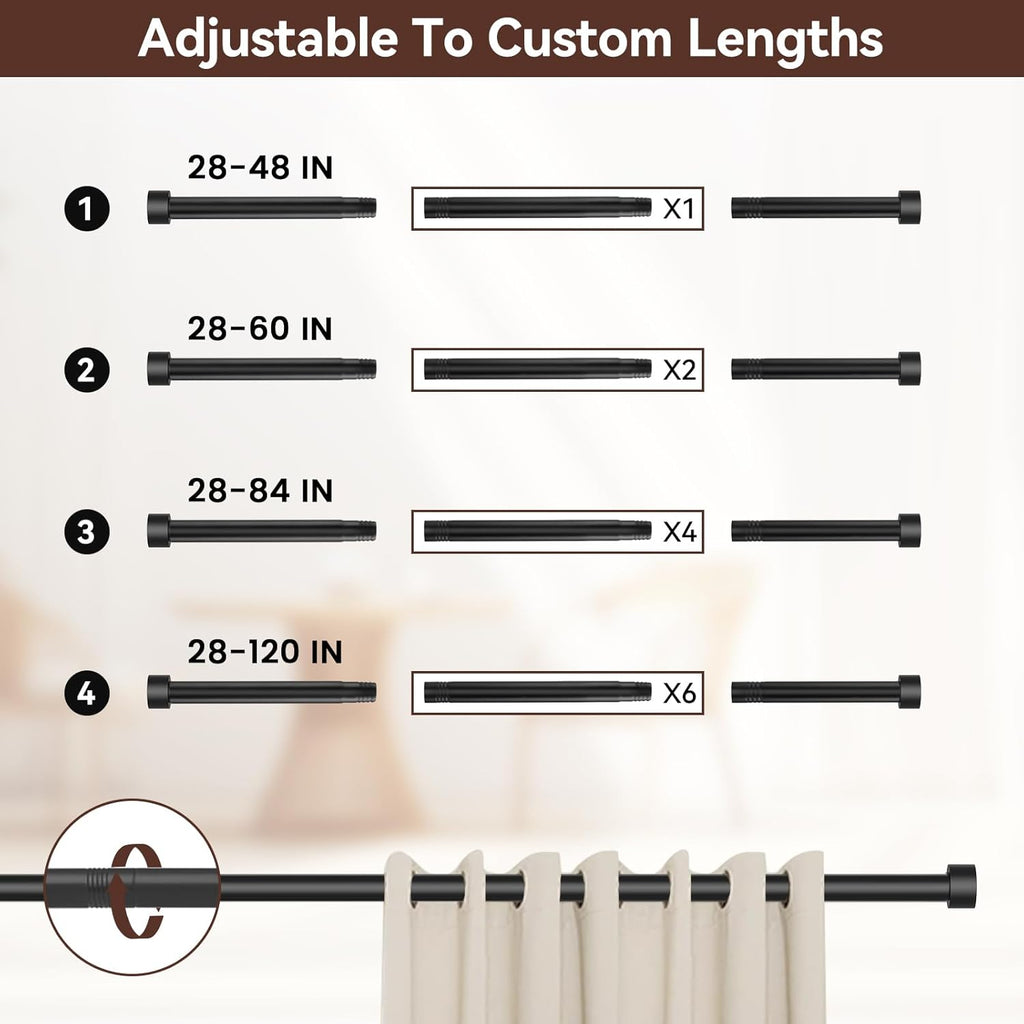 Black Curtain Rods for Windows 28 to 48 Inch,2 Pack 5/8 Inch Diameter Small Curtain Rod Set,Heavy Duty Drapery Rods with Brackets for Bedroom, Living Room, Kitchen,Patio