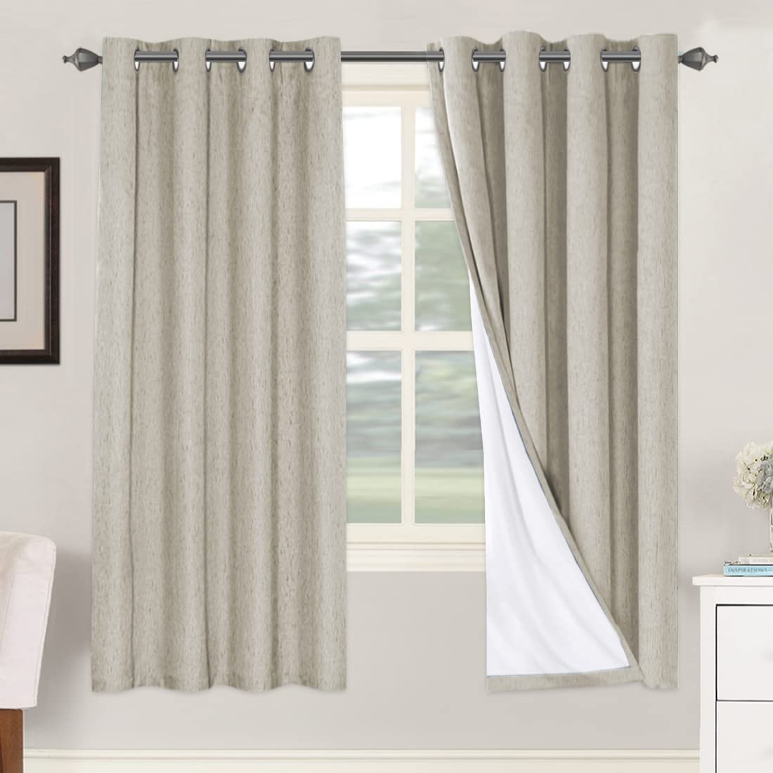 H.VERSAILTEX 100% Blackout Curtains Ivory, Linen Blackout Curtains 96 inch Curtains 2 Panel Set, Elegant Curtain for Bedroom Grommet Drapes for Living Room