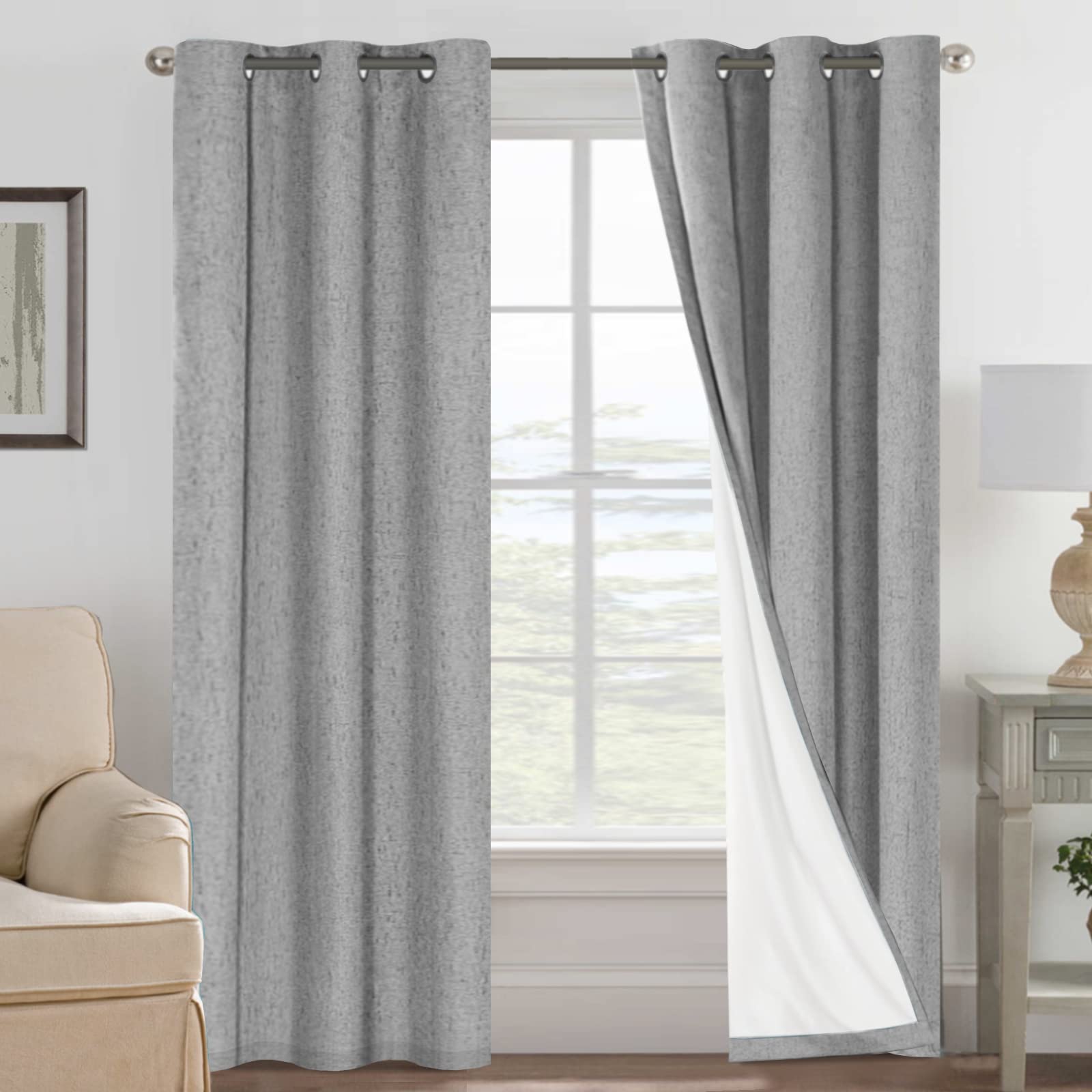H.VERSAILTEX 100% Blackout Curtains Ivory, Linen Blackout Curtains 96 inch Curtains 2 Panel Set, Elegant Curtain for Bedroom Grommet Drapes for Living Room