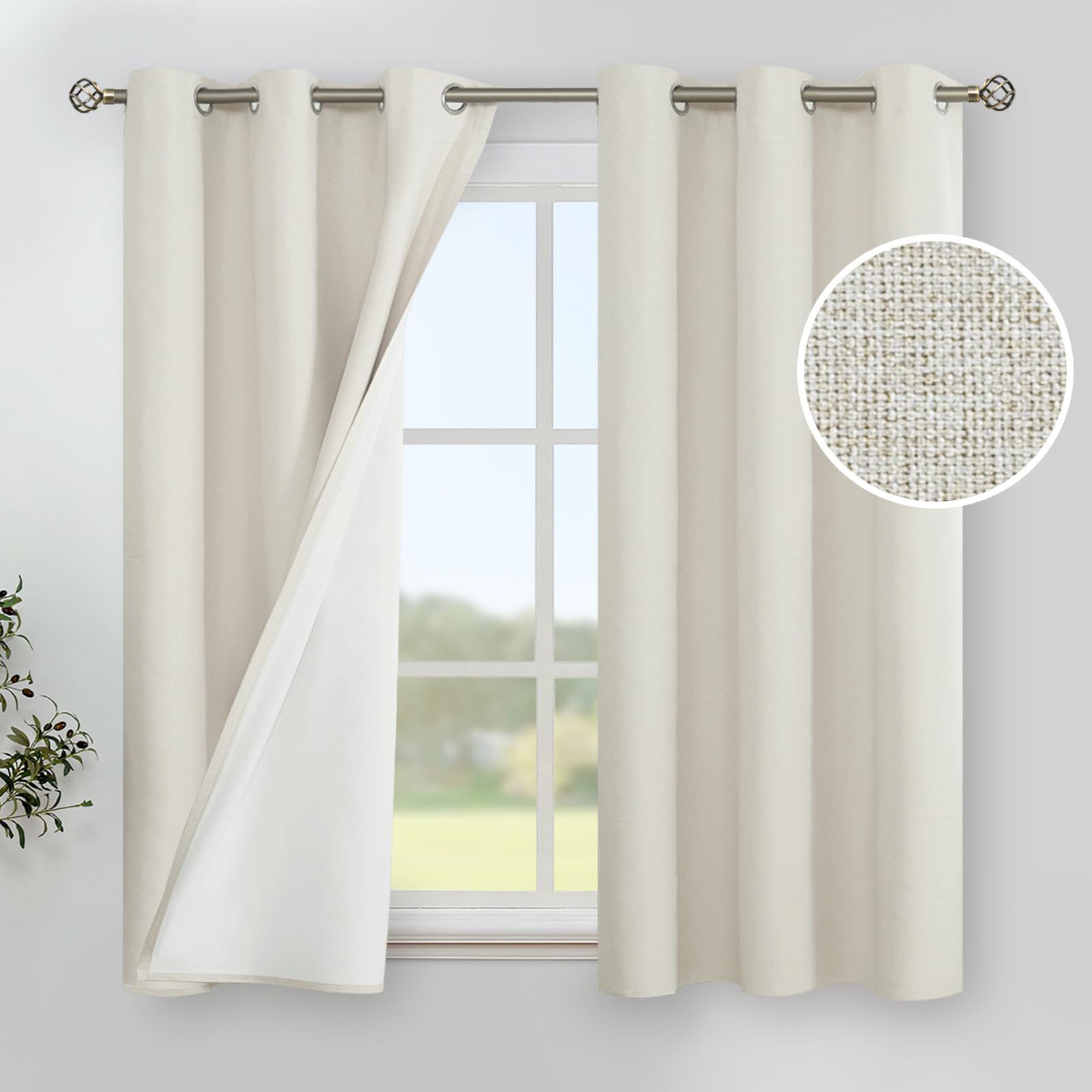 YoungsTex Linen Blackout Curtains 63 Inches Long for Bedroom, Room Darkening Window Drapes with Grommet Thermal Insulated Black Out for Living Room, 2 Panels, 52 X 63 Inch