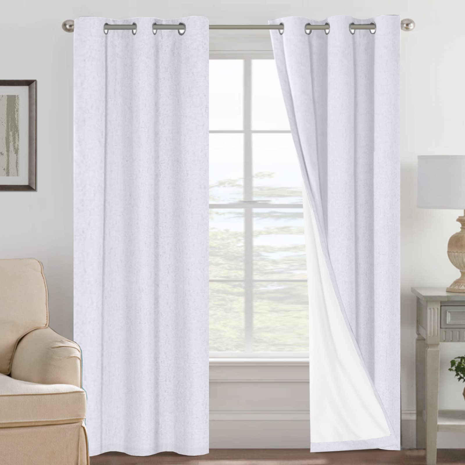 H.VERSAILTEX 100% Blackout Curtains Ivory, Linen Blackout Curtains 96 inch Curtains 2 Panel Set, Elegant Curtain for Bedroom Grommet Drapes for Living Room