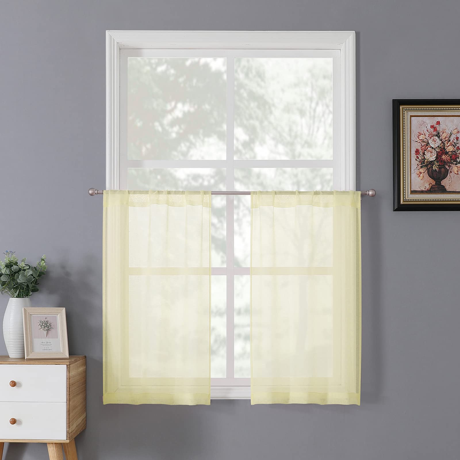 Tollpiz Short Sheer Curtains Linen Textured Bedroom Curtain Sheers Light Filtering Rod Pocket Voile Curtains for Living Room, 54 x 45 inches Long, White, Set of 2 Panels
