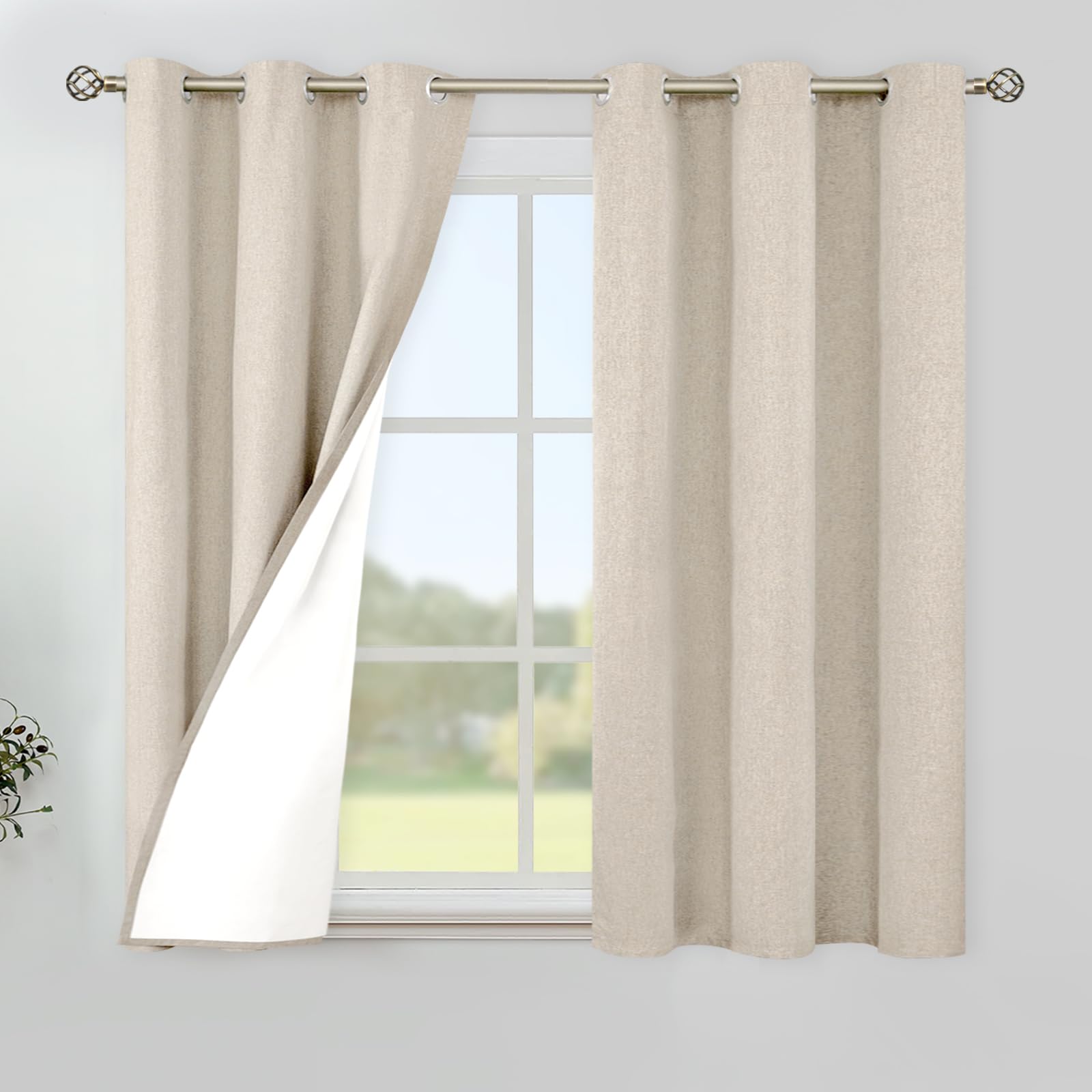 YoungsTex Linen Blackout Curtains 63 Inches Long for Bedroom, Room Darkening Window Drapes with Grommet Thermal Insulated Black Out for Living Room, 2 Panels, 52 X 63 Inch