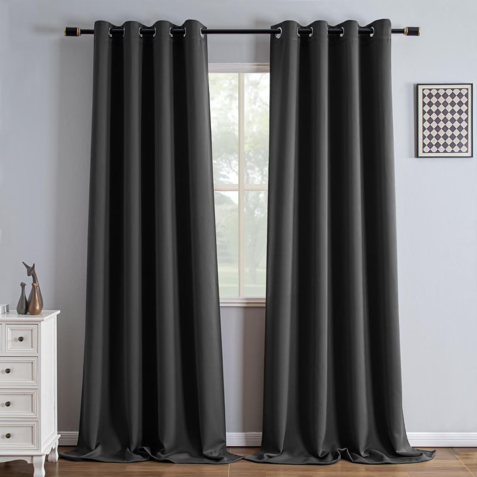 IGEMAEVE Black 100% Blackout Curtains 84 Inch Length 2 Panels Set, Black Out Curtains for Bedroom 84 Inch Long, Rod Pocket Energy Saving Room Darkening Drapes for Living Room Dining Room Window