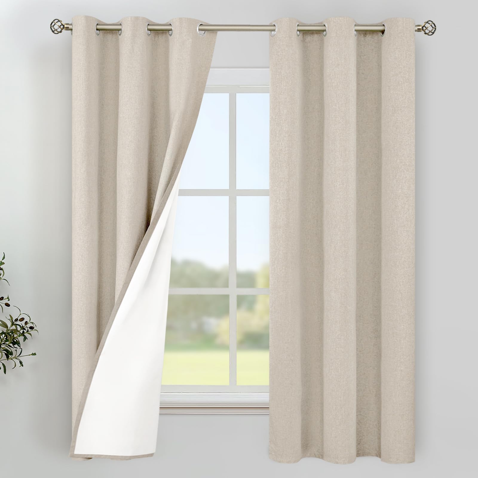 YoungsTex Linen Blackout Curtains 63 Inches Long for Bedroom, Room Darkening Window Drapes with Grommet Thermal Insulated Black Out for Living Room, 2 Panels, 52 X 63 Inch