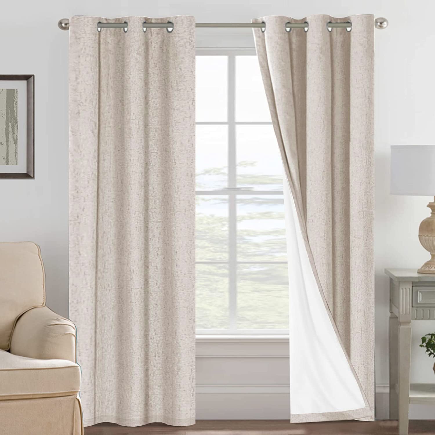 H.VERSAILTEX 100% Blackout Curtains Ivory, Linen Blackout Curtains 96 inch Curtains 2 Panel Set, Elegant Curtain for Bedroom Grommet Drapes for Living Room