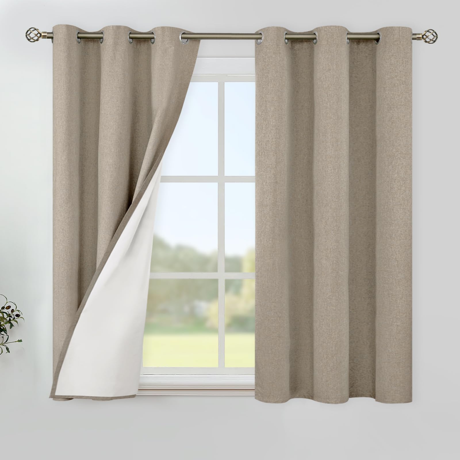 YoungsTex Linen Blackout Curtains 63 Inches Long for Bedroom, Room Darkening Window Drapes with Grommet Thermal Insulated Black Out for Living Room, 2 Panels, 52 X 63 Inch