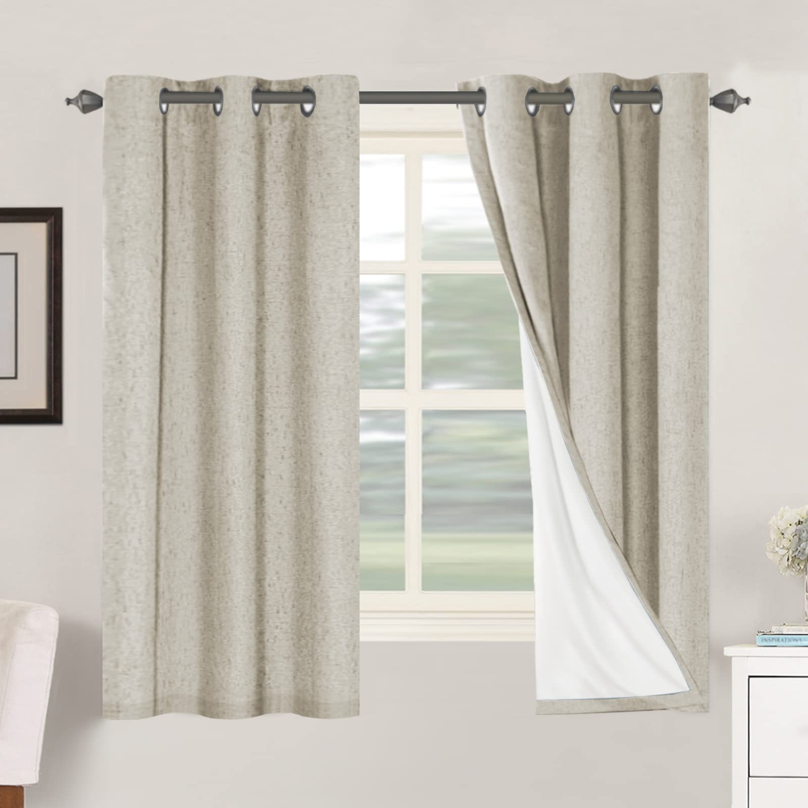 H.VERSAILTEX 100% Blackout Curtains Ivory, Linen Blackout Curtains 96 inch Curtains 2 Panel Set, Elegant Curtain for Bedroom Grommet Drapes for Living Room