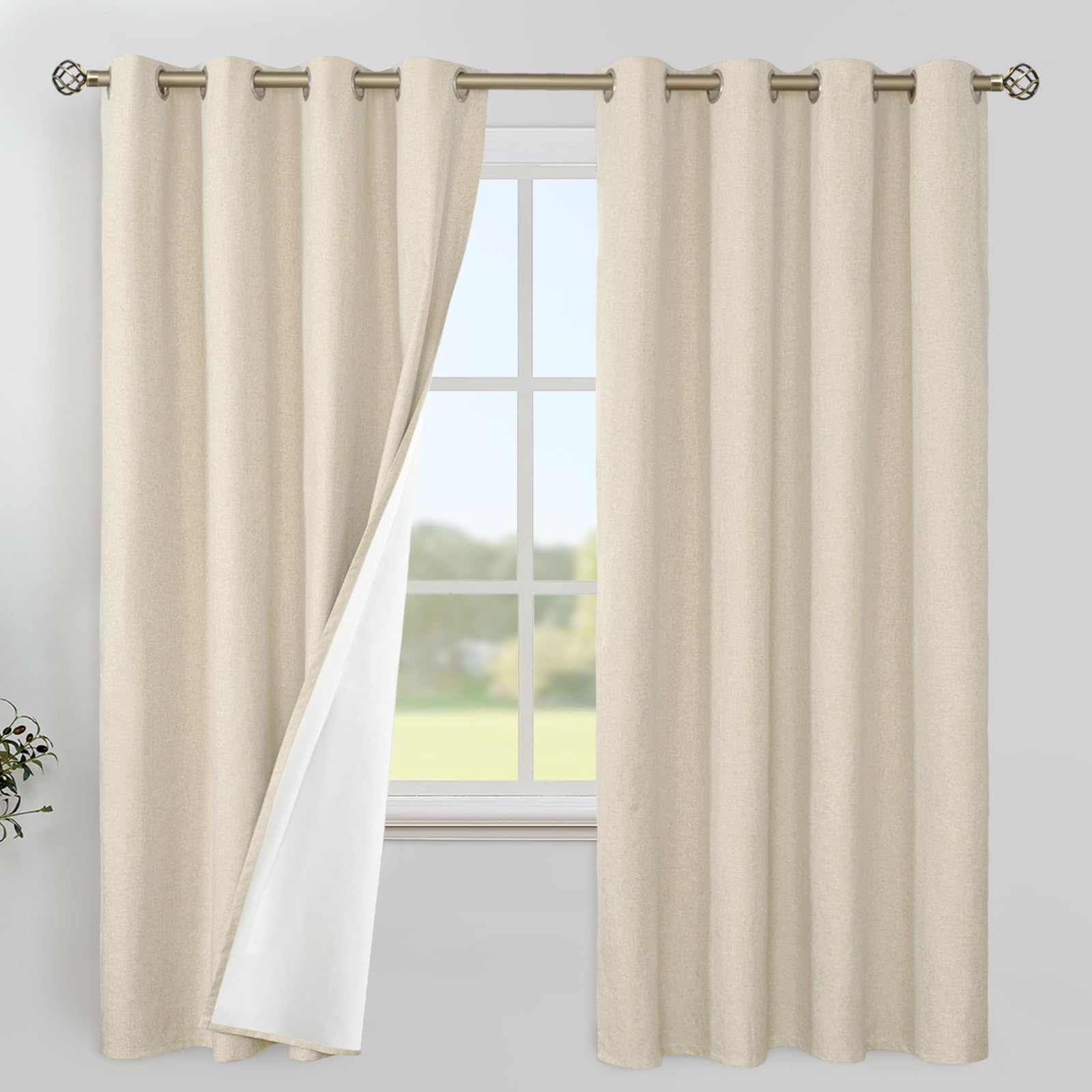 YoungsTex Linen Blackout Curtains 63 Inches Long for Bedroom, Room Darkening Window Drapes with Grommet Thermal Insulated Black Out for Living Room, 2 Panels, 52 X 63 Inch