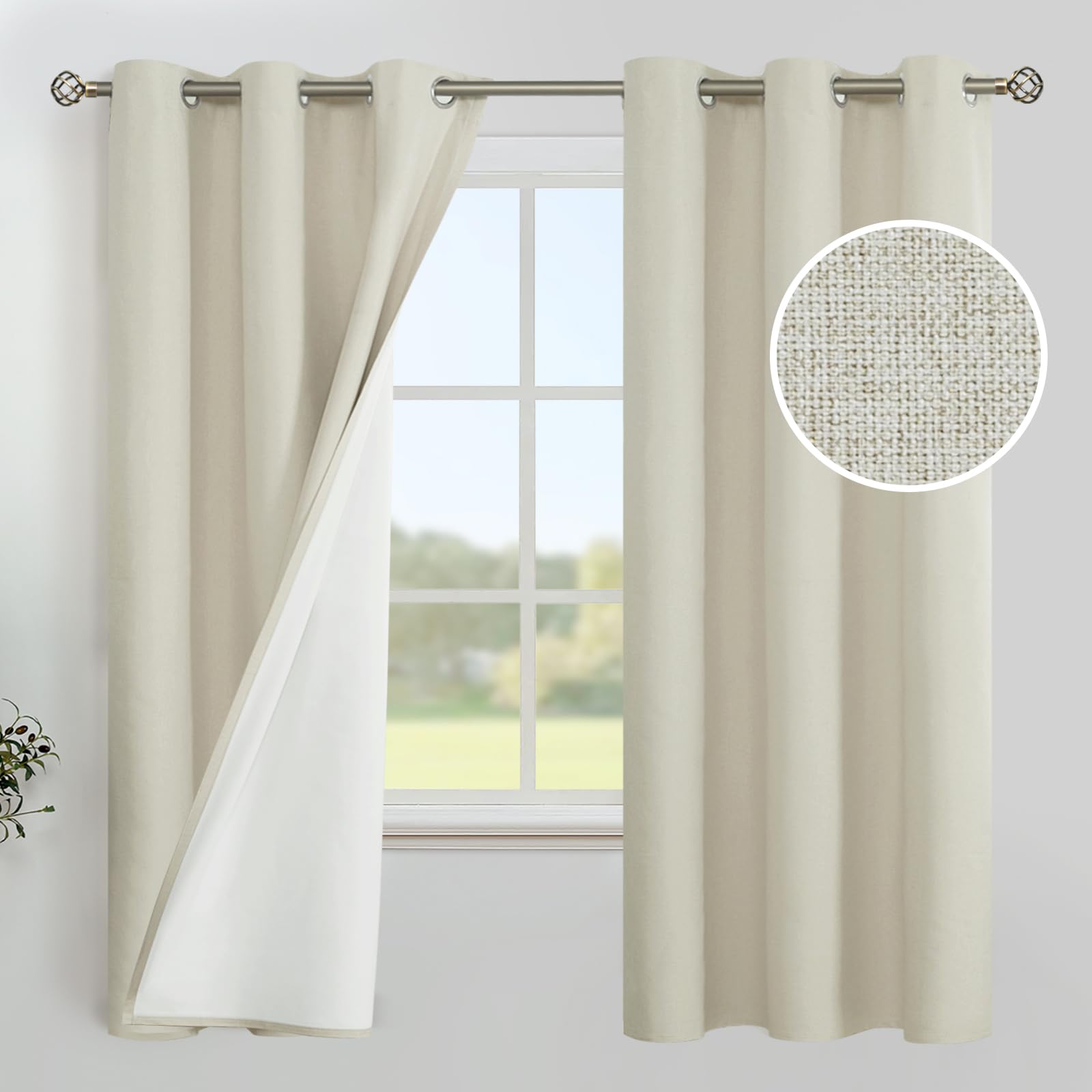 YoungsTex Linen Blackout Curtains 63 Inches Long for Bedroom, Room Darkening Window Drapes with Grommet Thermal Insulated Black Out for Living Room, 2 Panels, 52 X 63 Inch