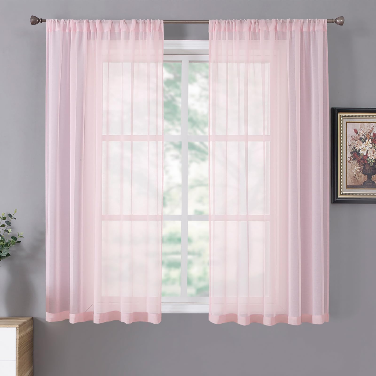 Tollpiz Short Sheer Curtains Linen Textured Bedroom Curtain Sheers Light Filtering Rod Pocket Voile Curtains for Living Room, 54 x 45 inches Long, White, Set of 2 Panels